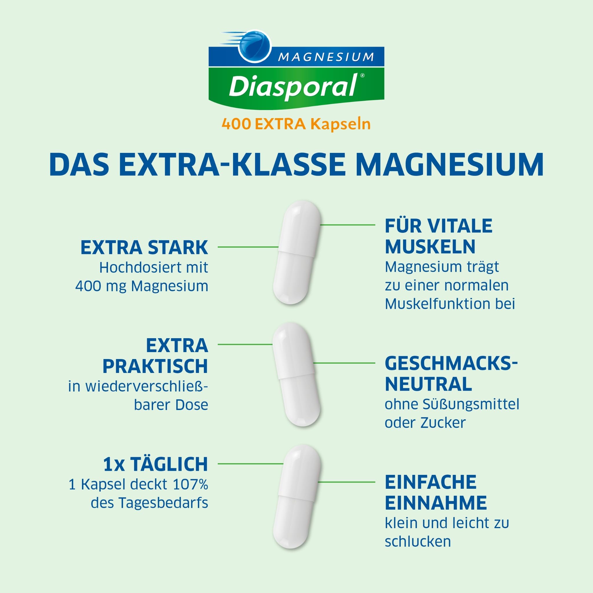 Magnesium-Diasporal 400 EXTRA Kapseln | Hochdosierte 400 mg Magnesium Kapseln | Vegan, geschmacksneutral und leicht zu schlucken | Ideal bei erhöhtem Bedarf | Glutenfrei und laktosefrei | 100 Stück