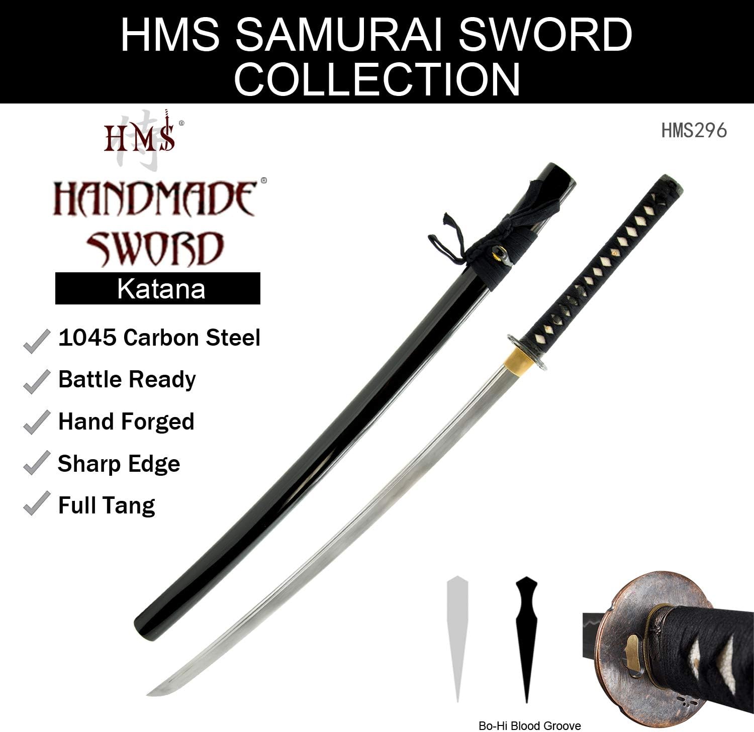 Handmade Sword - Japanese Style Samurai Katana Sword, Practical, Hand Forged, 1045 Carbon Steel, Heat Tempered, Full Tang, Sharp, Dragonfly Tsuba, Black Wooden Scabbard