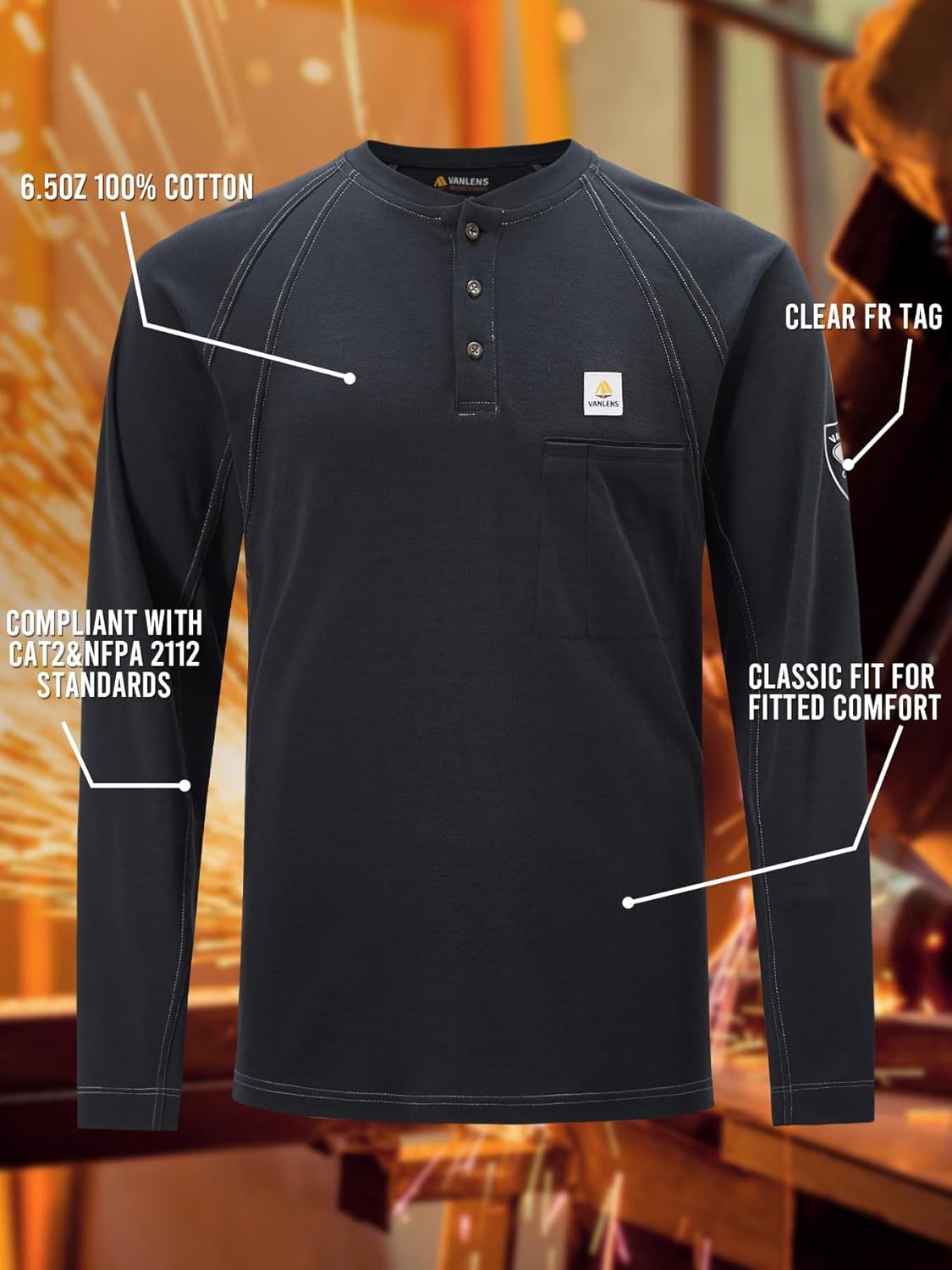 FR Shirts for Men Light Weight Flame Resistant Henley Shirts Long Sleeve Shirts HRC2/CAT2 6.5oz 100% Cotton - Image 2