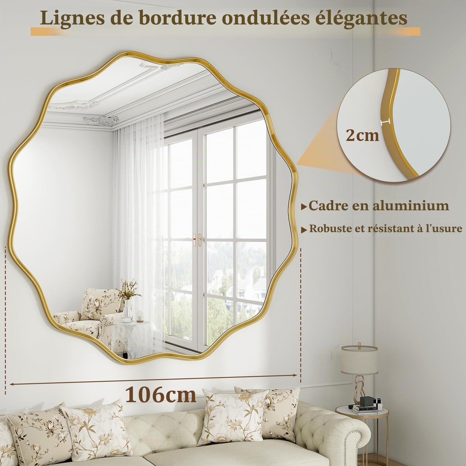 BEAUTYPEAK Miroir rond de 106 cm - Avec bord ondulé - Cadre en aluminium - Grand miroir rond à suspendre et à s'appuyer - Miroir mural rond pour chambre à coucher, salle de bain, couloir - Doré