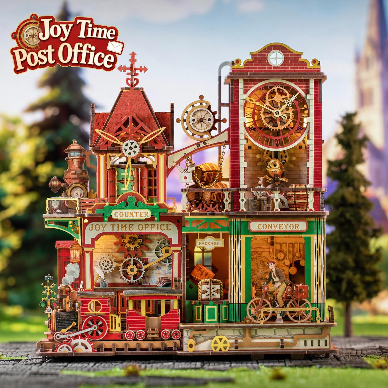 Spilay 3D Puzzle, Joy Time Post Office Holzmodell mit LED | Mechanischer Holz Modellbausatz für Erwachsene, mit Musiklautsprecher, Miniatur Bausatz, Schreibtischdeko Geschenk