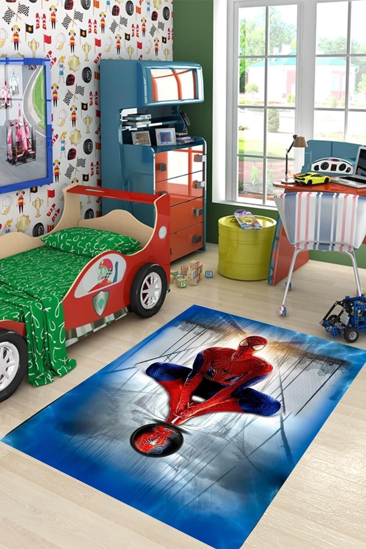Pelangi Kırmızı Kostümlü Adam Desenli Dijital Baskı Yıkanabilir Kaymaz Taban Çocuk Genç Odası Halısı, Kırmızı-Mavi 100 x 150