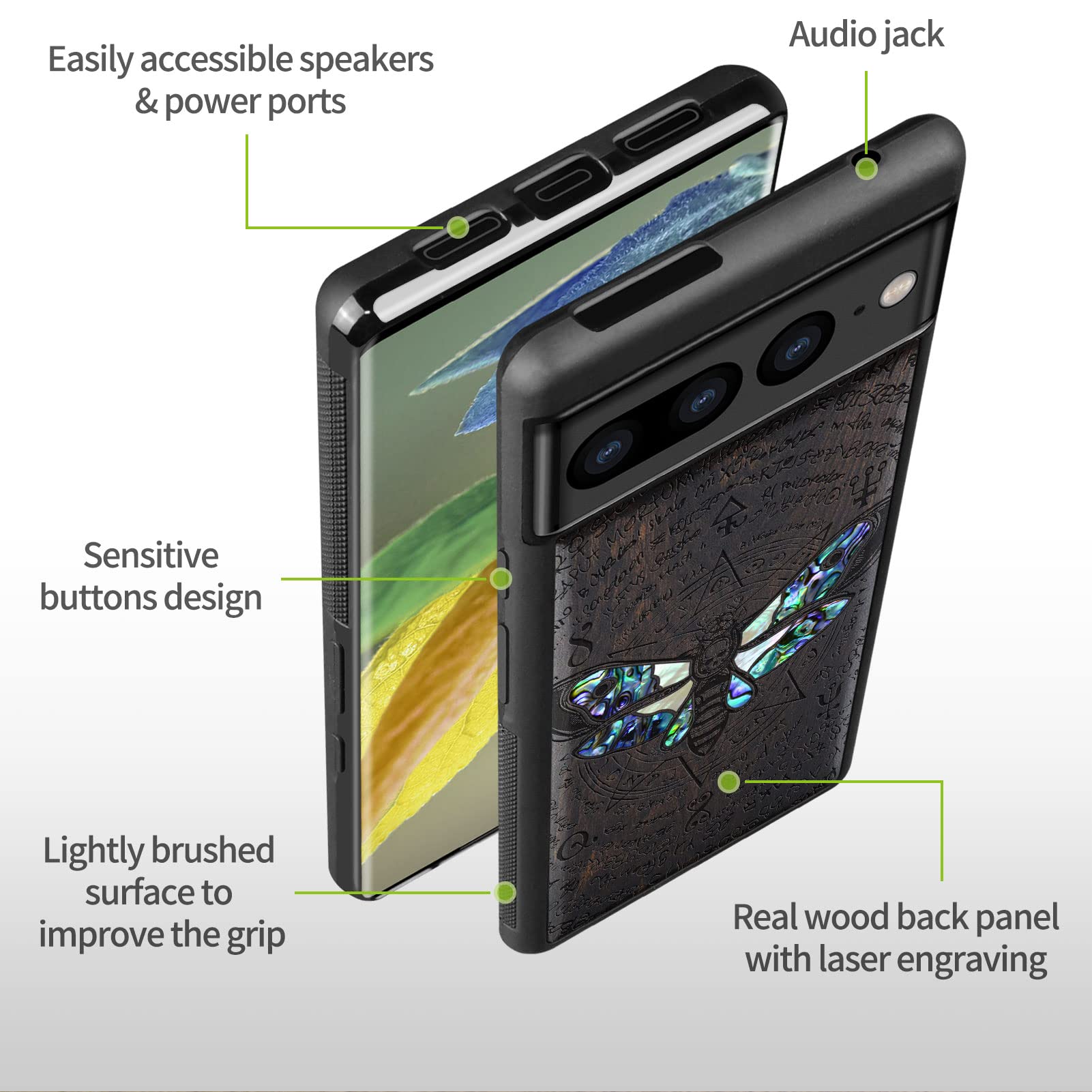 Carveit Cover Compatibile con Google Pixel 7 Pro Custodia [Incisione in legno e intarsio di cozze] Opera unica d'arte Custodia Legno per Pixel 7 Pro TPU (Legno nero-Headmat della morte