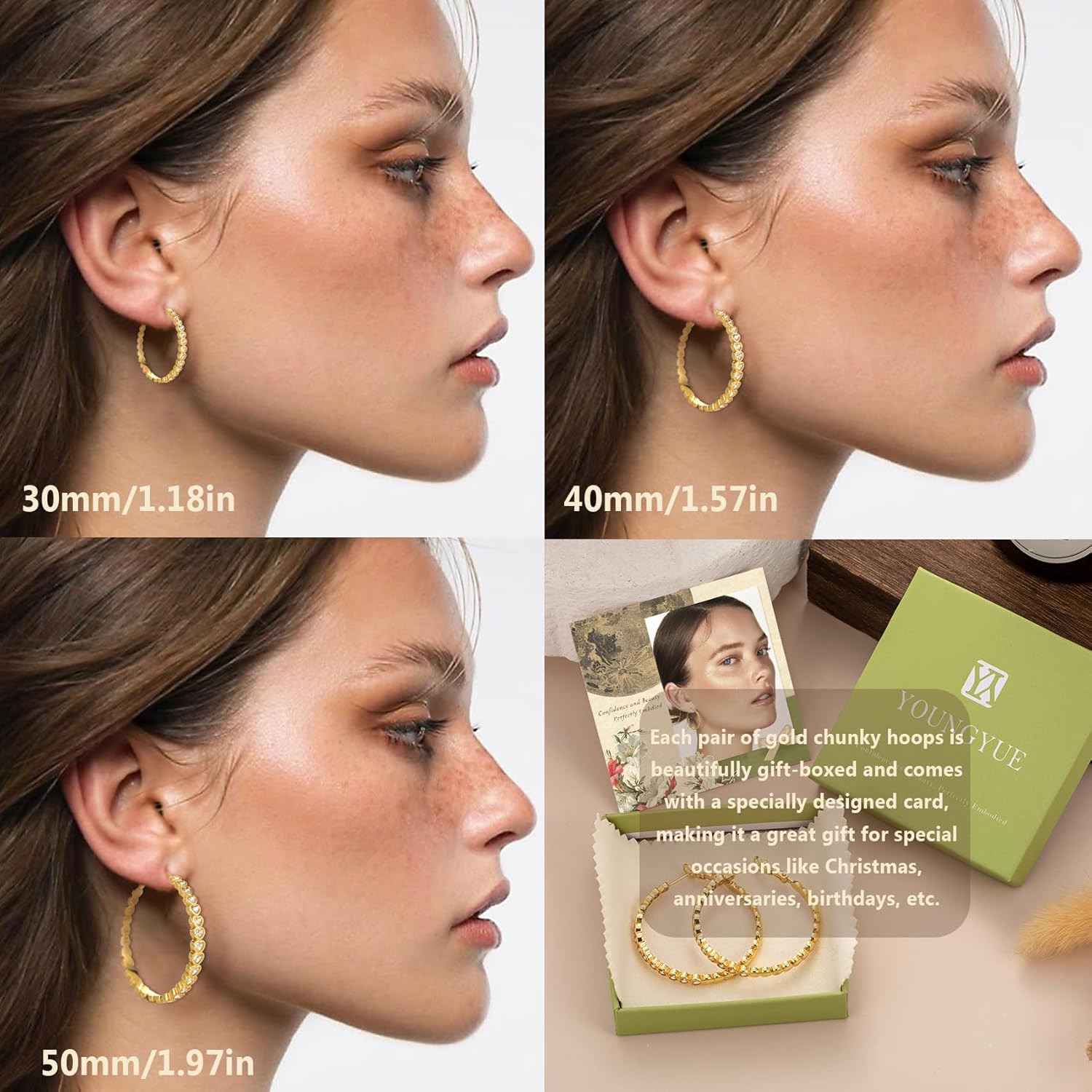 YOUNGYUE Heart 925 Sterling Silver Hoop Earrings for Women Hypoallergenic 14K Gold Plated Hoop Earring for Women Non Tarnish Large Rhinestone Hoop Earrings with Sparkly Cubic Zirconia 30/40/50mm - Image 5