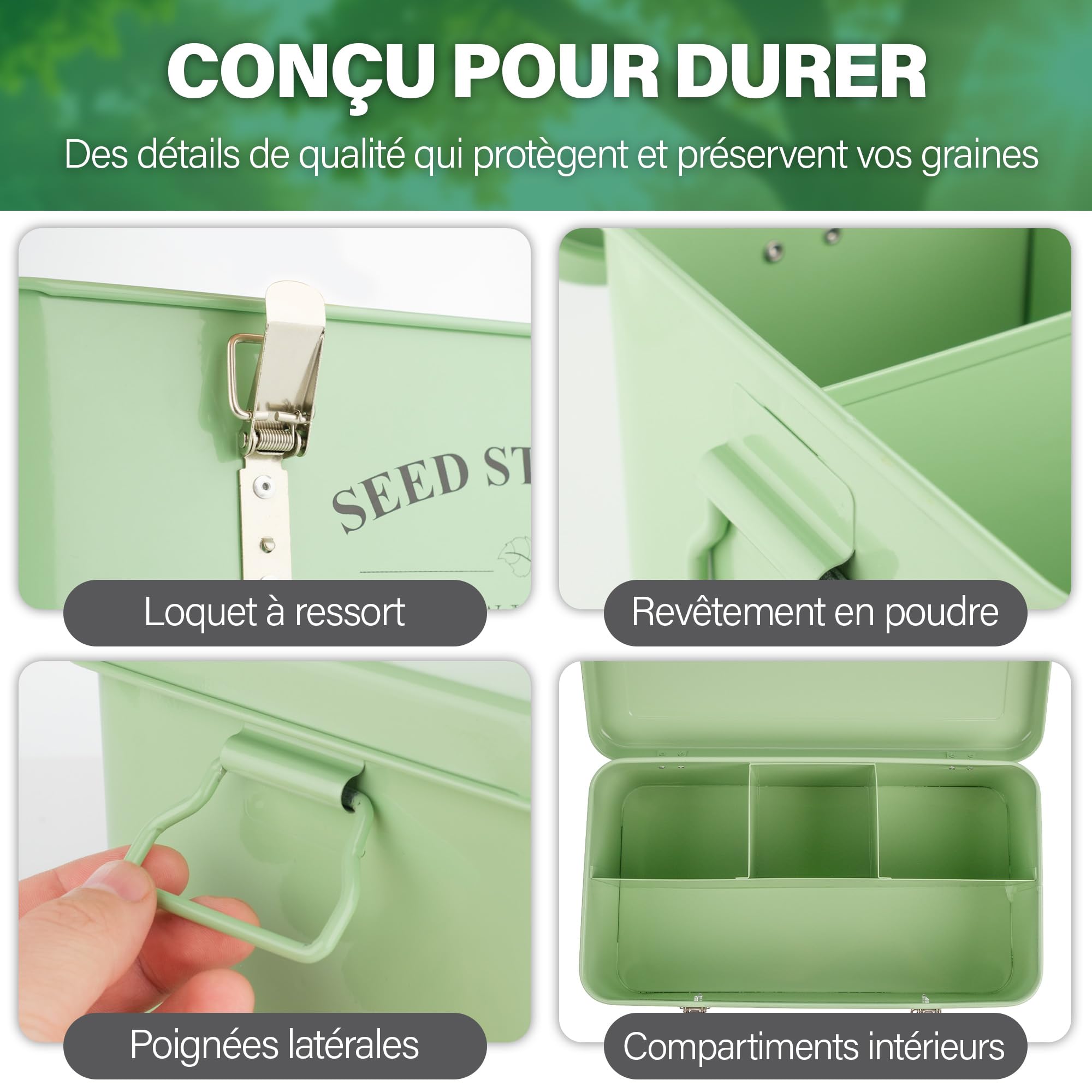 Boîte de rangement pour graines – Boîte à graines Green Garden avec couvercle, poignées, 4 compartiments – Contenant pour sachets de graines – Idée cadeau avec plus de 200 accessoires