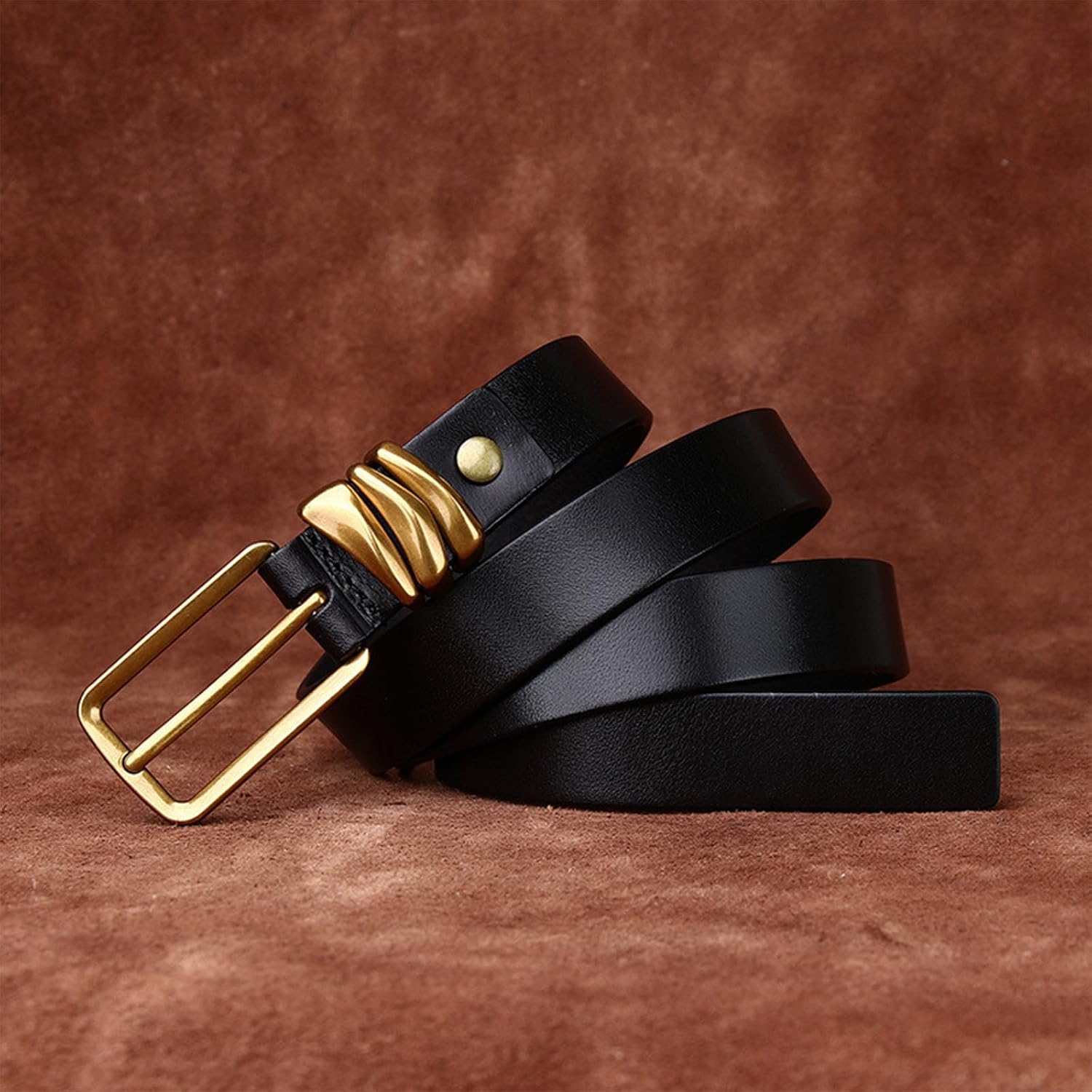 Women's Leather Belt Ladies Fashion Gold Buckle Belt Width 0.95" Jeans Pants Dress Belt