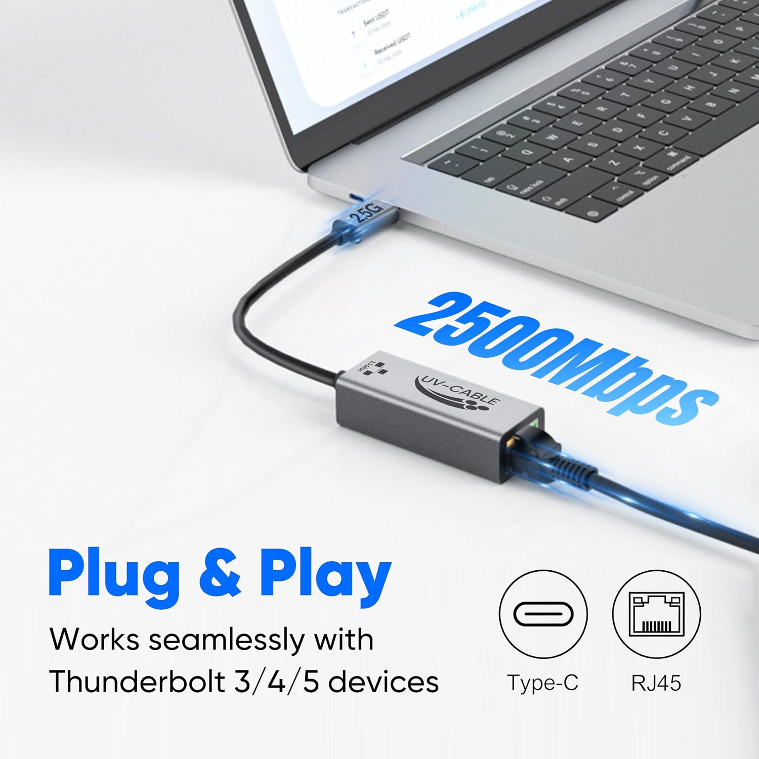USB-C to Ethernet Adapter 2.5G, High Speed Type-C to RJ45 Adapter, Compatible with USB4, Thunderbolt 4/5, Plug & Play for NAS, MacBook Air/Pro, XPS, iPhone 17/16 Pro/Max
