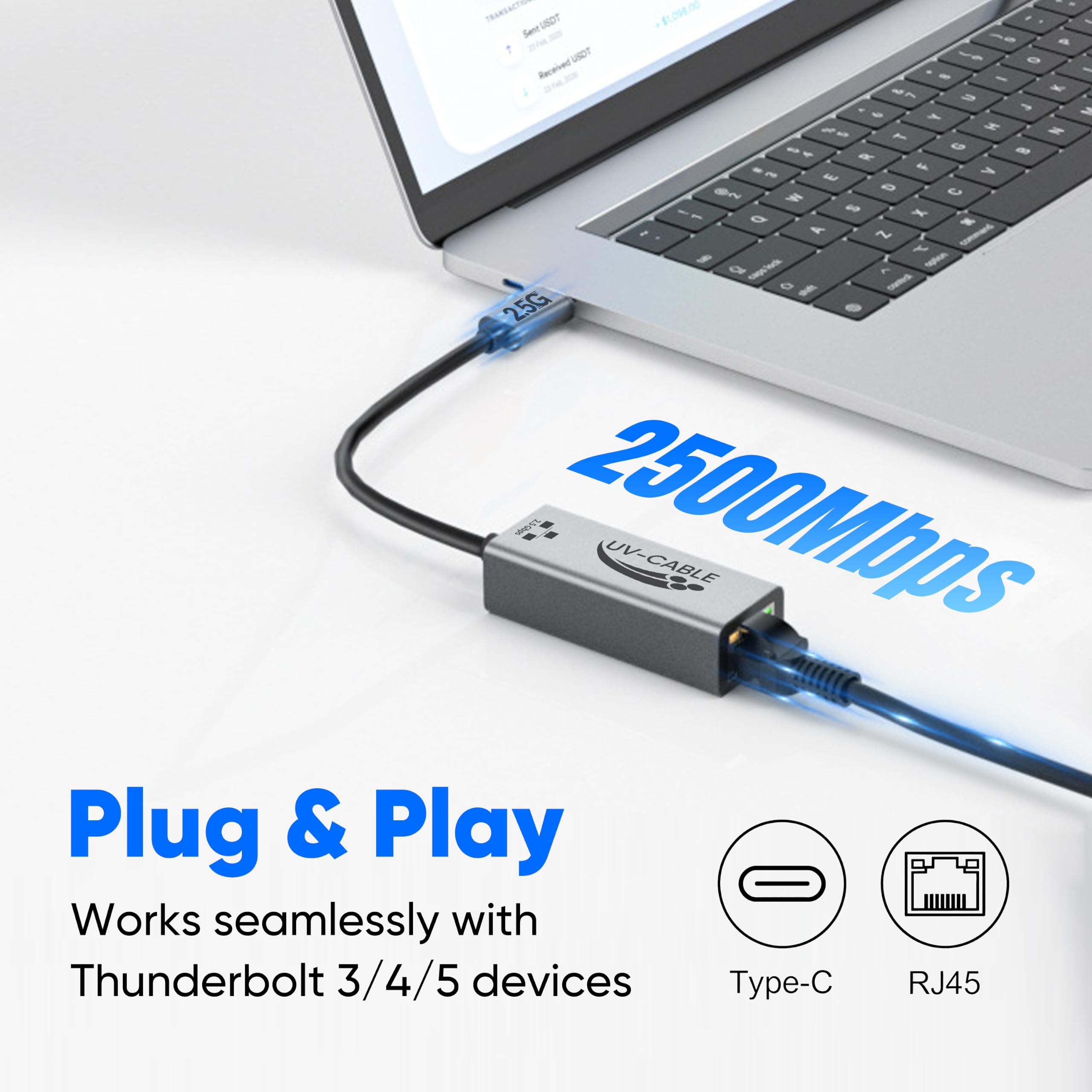 Adaptateur USB-C vers Ethernet 2,5 G, adaptateur haut débit Type-C vers RJ45, compatible avec USB4, Thunderbolt 4/5, Plug & Play pour NAS, MacBook Air/Pro, XPS, iPhone 17/16 Pro/Max
