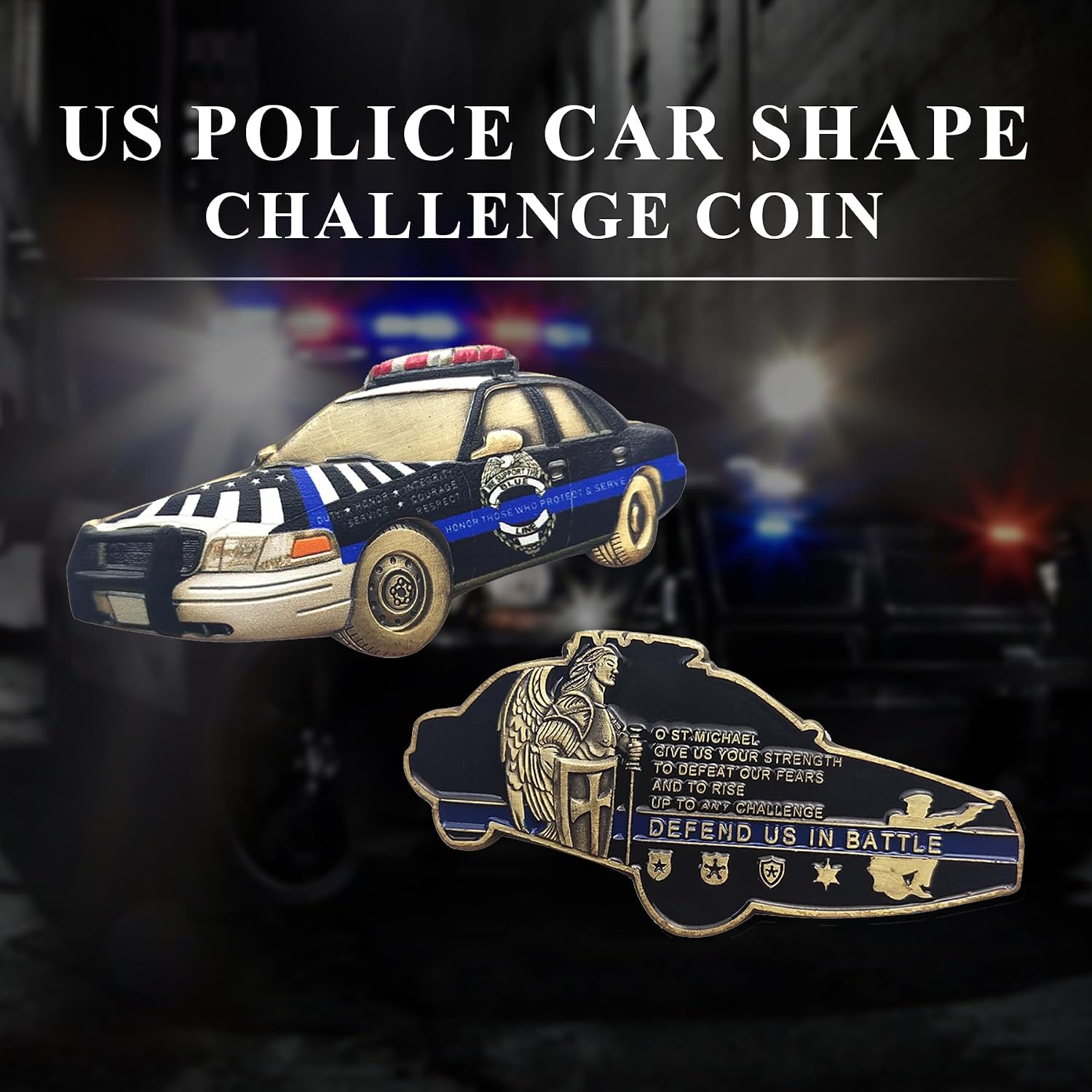 BHealthLife US Police Car Shape Challenge Coin St Michael Thin Blue Line Gift for Law Enforcement Officer