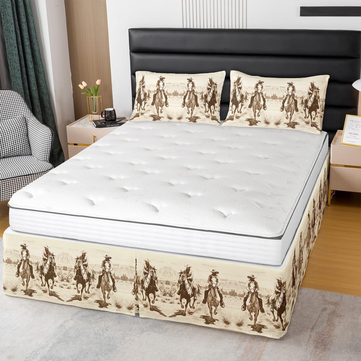 Wild West Cowboy King Size Bed Skirt,Western Decor 15 Inch Drop Brushed Microfiber Bed Skirts for Kids Room,Cartoon Dust Ruffle Pleated Bedskirt Teens Cowboy Bedding Fitted Sheet Decor