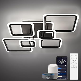 Smart LED Ceiling Light, 36.2 Square Flush Mount Fixture, 6+1 Ring Modern Design, 130W Dimmable Acrylic Light with Remote, WiFi Alexa & App Control for Bedroom Living Room Dining Room Black