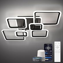 Smart LED Ceiling Light, 36.2&Prime; Square Flush Mount Fixture, 6+1 Ring Modern Design, 130W Dimmable Acrylic Light with Remote, WiFi Alexa &amp; App Control for Bedroom Living Room Dining Room (Black)