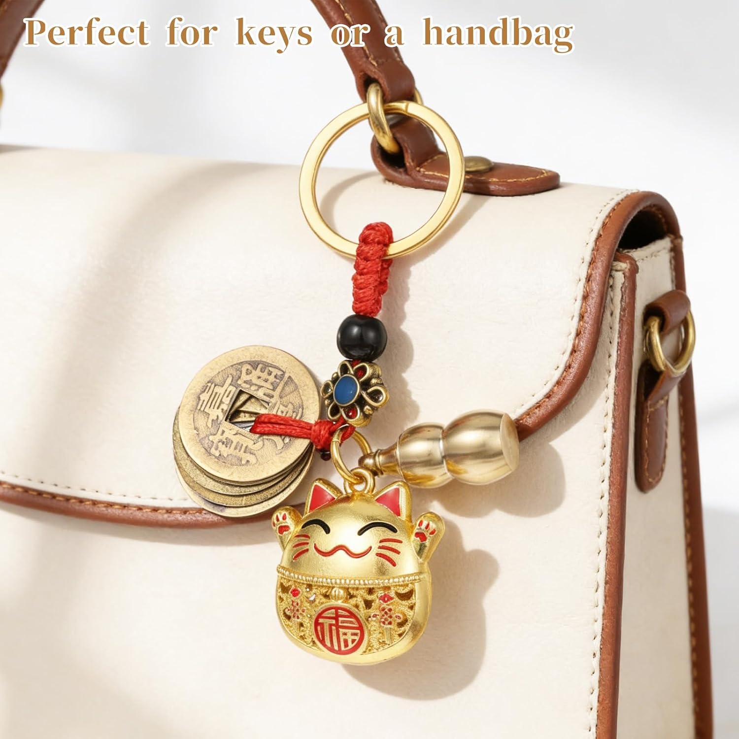 1 PCS Lucky Cat Keychain, 3.6 inch Japanese Keychain with Feng Shui Coins Lucky Cat Charm Vintage Buddha Statue Kitty Key Pendant for Women, Man(Gold)