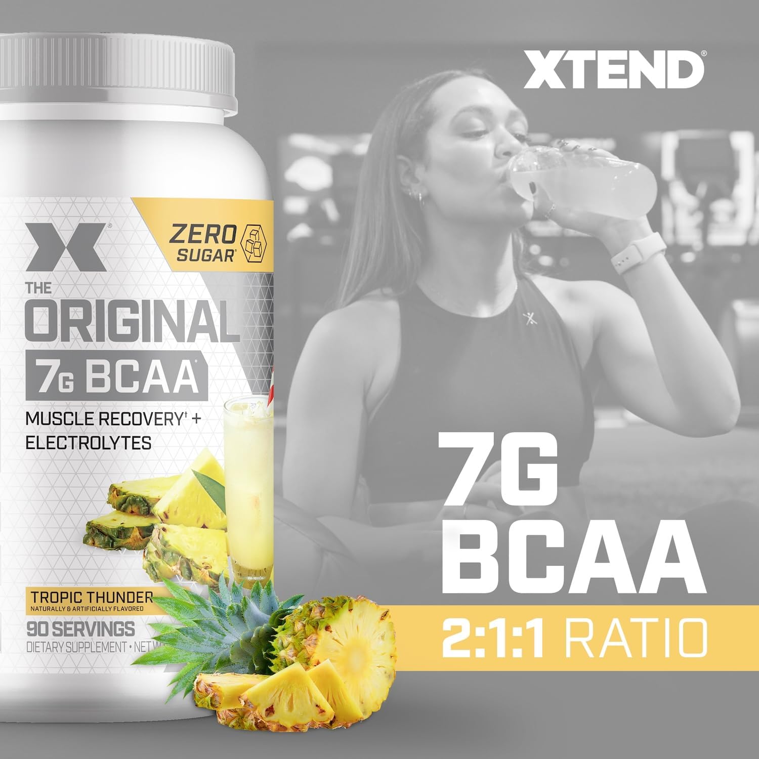 Xtend Original BCAA Powder, 7g BCAAs and 2.5g L-Glutamine for Muscle Recovery Hydration and Lean Muscle, Sugar Free Intra and Post Workout Drink with Electrolytes, Tropic Thunder, 90 Servings