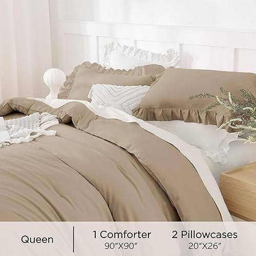 Miniatura 206 de Andency Juego de edredón beige tamaño King, 3 piezas estilo farmhouse shabby chic con volantes, ligero esponjoso suave de microfibra para todas