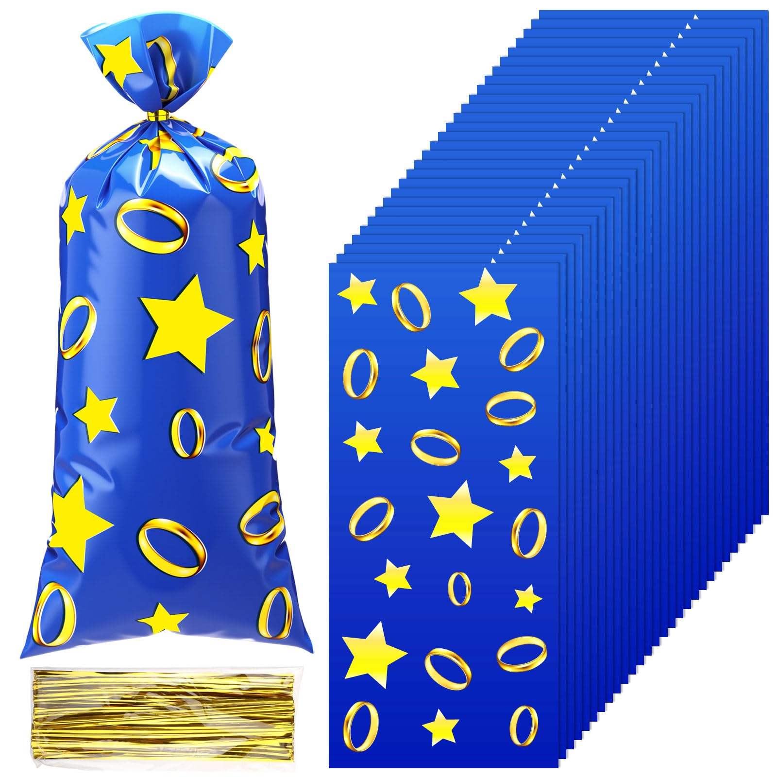 Epakh 100 Pcs Blue and Gold Rings Goodie Party Gift Bags 5 x 10 Inch Bulk Plastic Video Game Party Favors Cellophane Bags for Blue Golden Cartoon Gaming Birthday Themed Gamer's Decoration Supplies