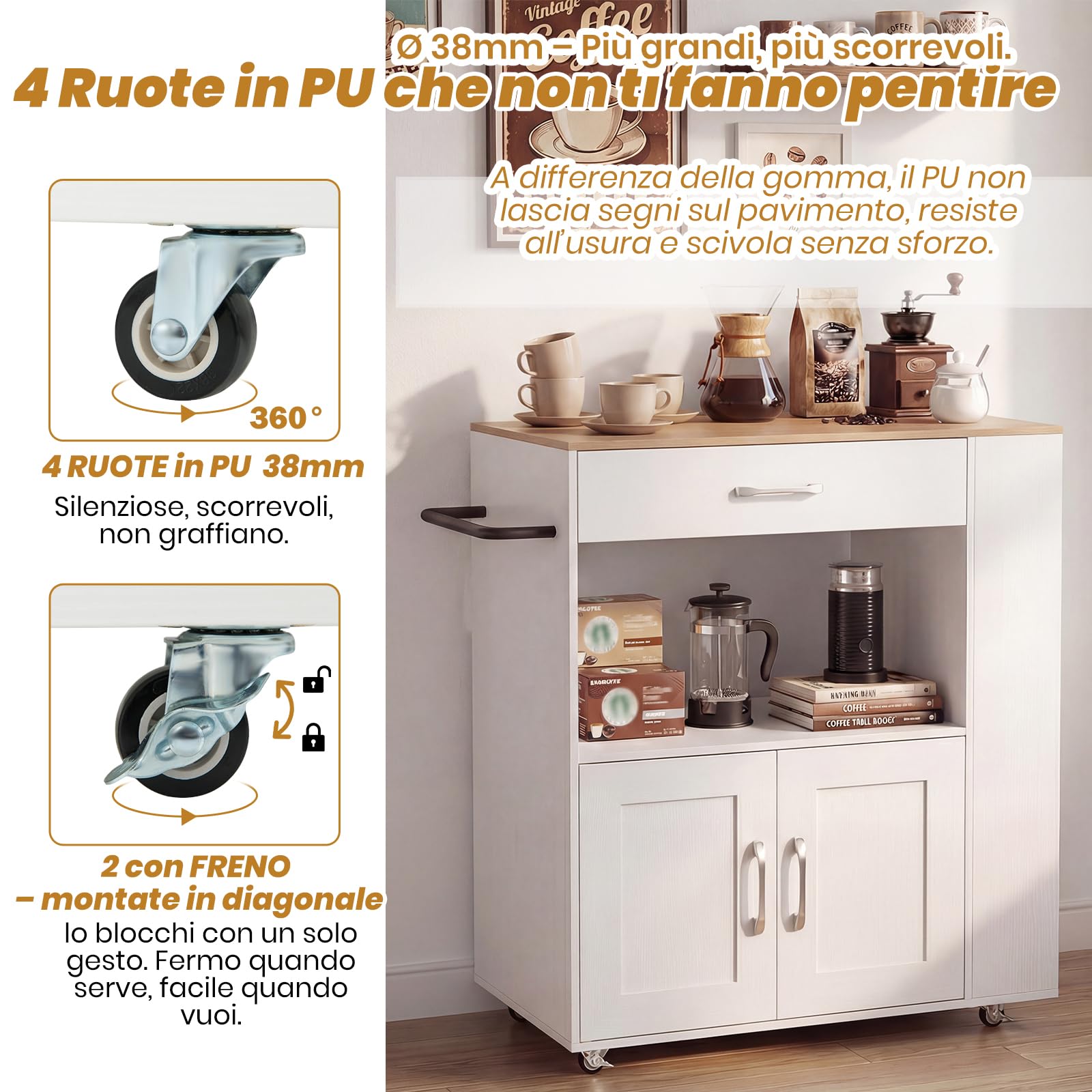 RELAX4LIFE Carrello Cucina Salvaspazio con Ruote PU 38mm, Cassetto e Armadio 2 Ante, 3 Ripiani Portaspezie Laterali, Piano Largo 75x46cm e Sottopiano Aperto per Microonde, Capacità 105kg