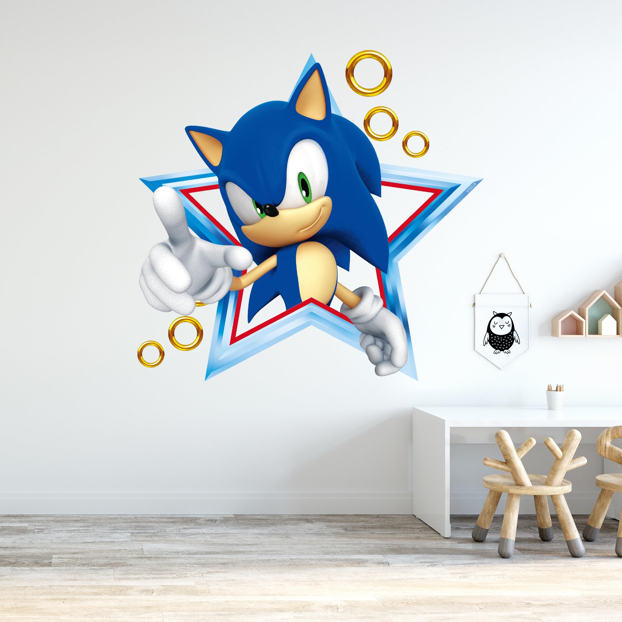 Themed Blue Sonic The Hedgehog Wall Sticker - Sonic In Star With Rings Wall Art (60Cm Width X 60Cm Height)