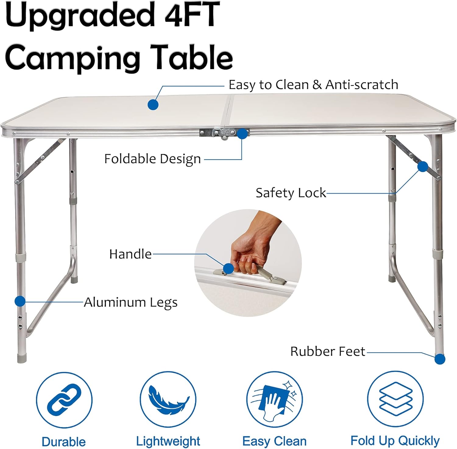 FORUP Folding Camping Table, 4 Ft Aluminum Folding Table with Handle, Adjustable Portable Camp Table for Picnic, BBQ, Party, Beach, White : Patio, Lawn & Garden