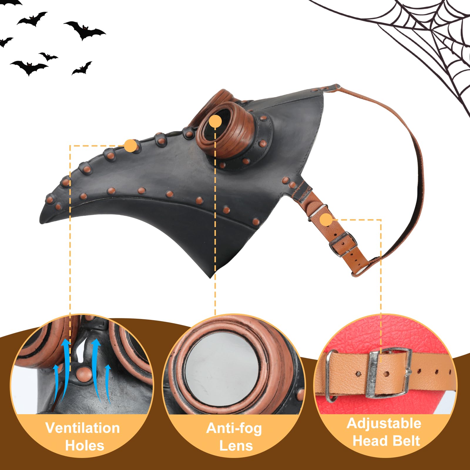 Halloween Props Costume Set, Retro Leather Bird Mask with Full Face Mask, Cane, Black Hooded Cloak, Gloves, Cross Necklace - Image 3