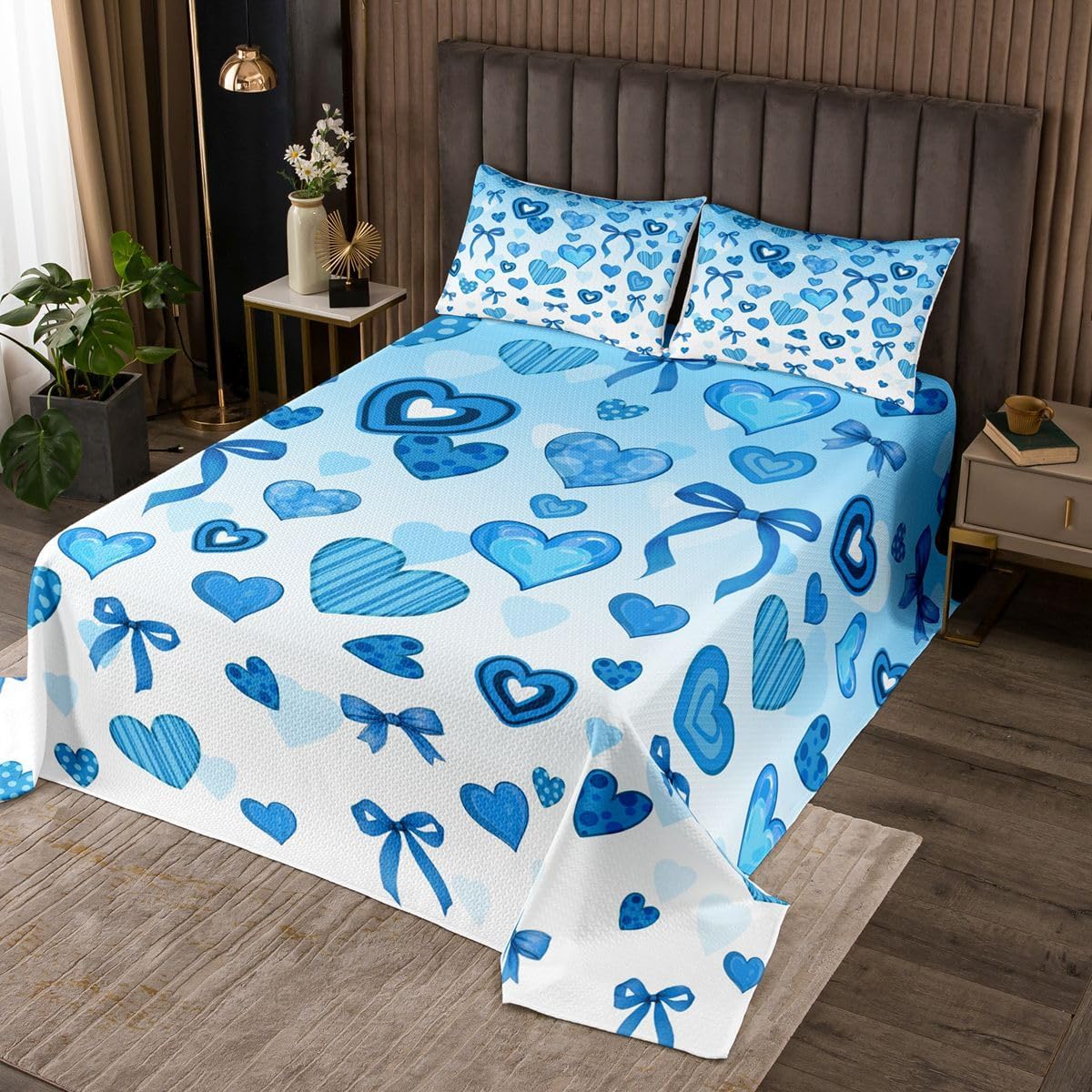 jejeloiu Love Heart Print Bedspread Quilts Blue Bowknot Coverlet Set Twin Size for Kids Boys Girls Cute Bow Quilted Coverlet for All Season with 1 Pillowcase Princess Style Microfiber