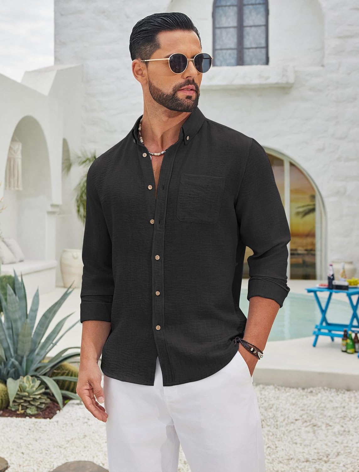 COOFANDY Men's Long Sleeve Button Down Shirt Casual Untucked Shirts Summer Beach Wedding Linen Textured Shirts - Image 2