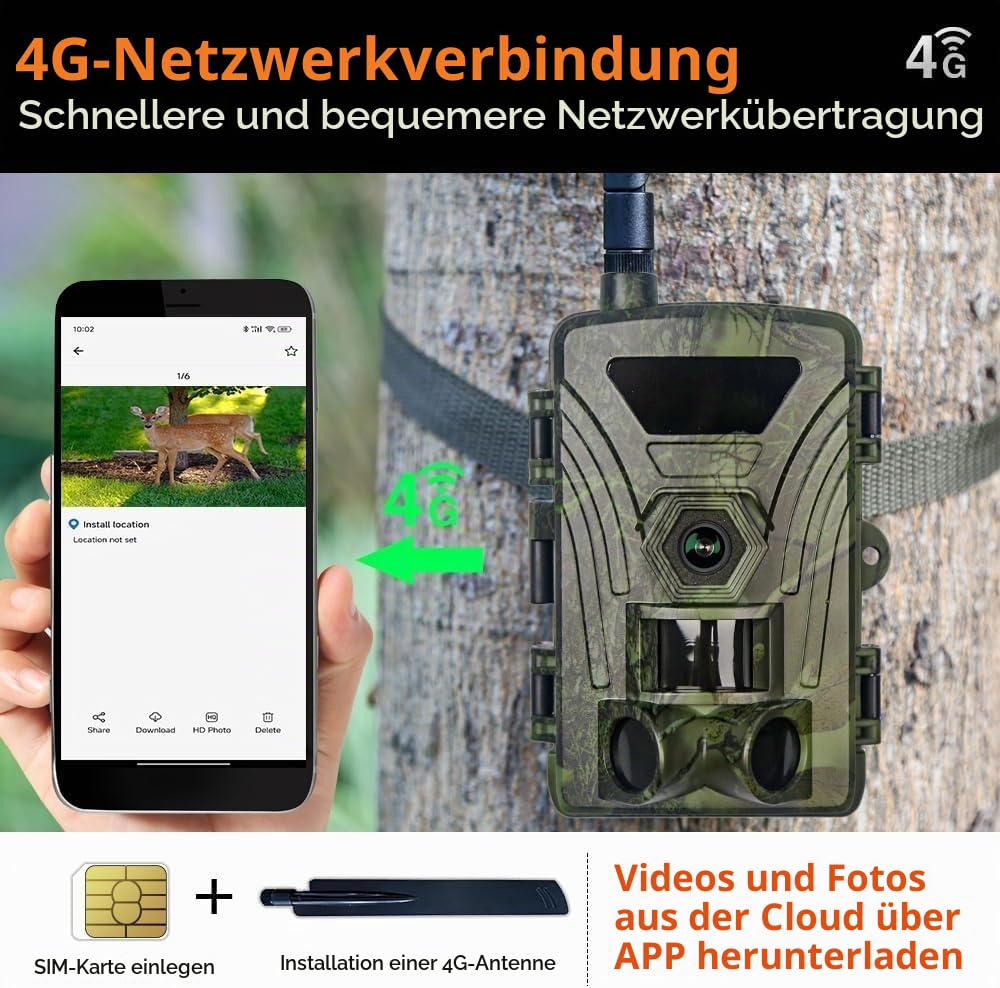 PR802G X50 4G LTE Wildkamera mit SIM-Karte und App, 60MP 4K H.265 Video, No Glow Nachtsicht Bewegungsmelder, 4G Jagdkamera Wildtierkamera Handyübertragung, IP66 Fotofalle