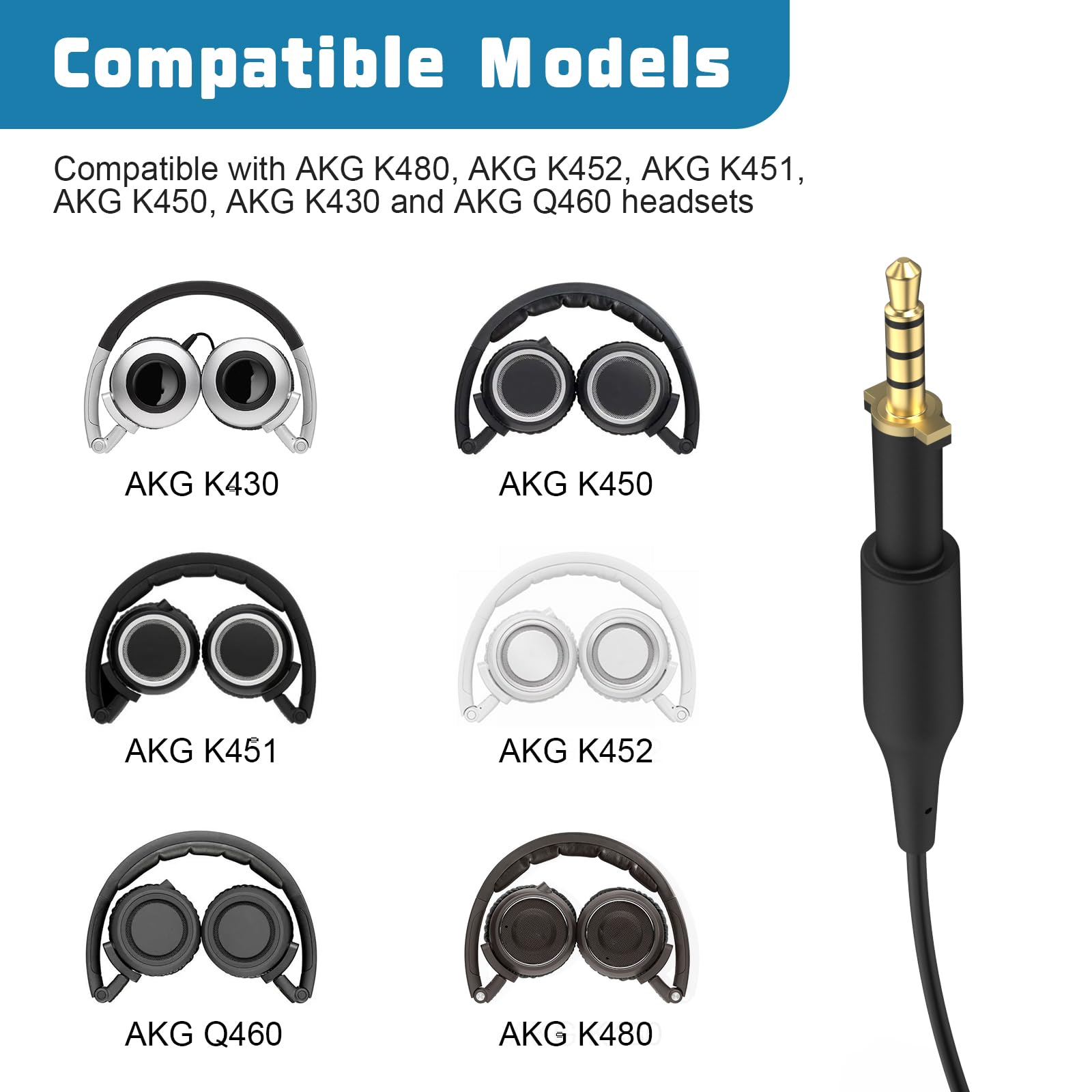 Saipomor Replacement AKG Aux Cable k480 Audio Cord Compatible with AKG Q460 K480 K430 K450 K451 K452 Headphones-3.3ft