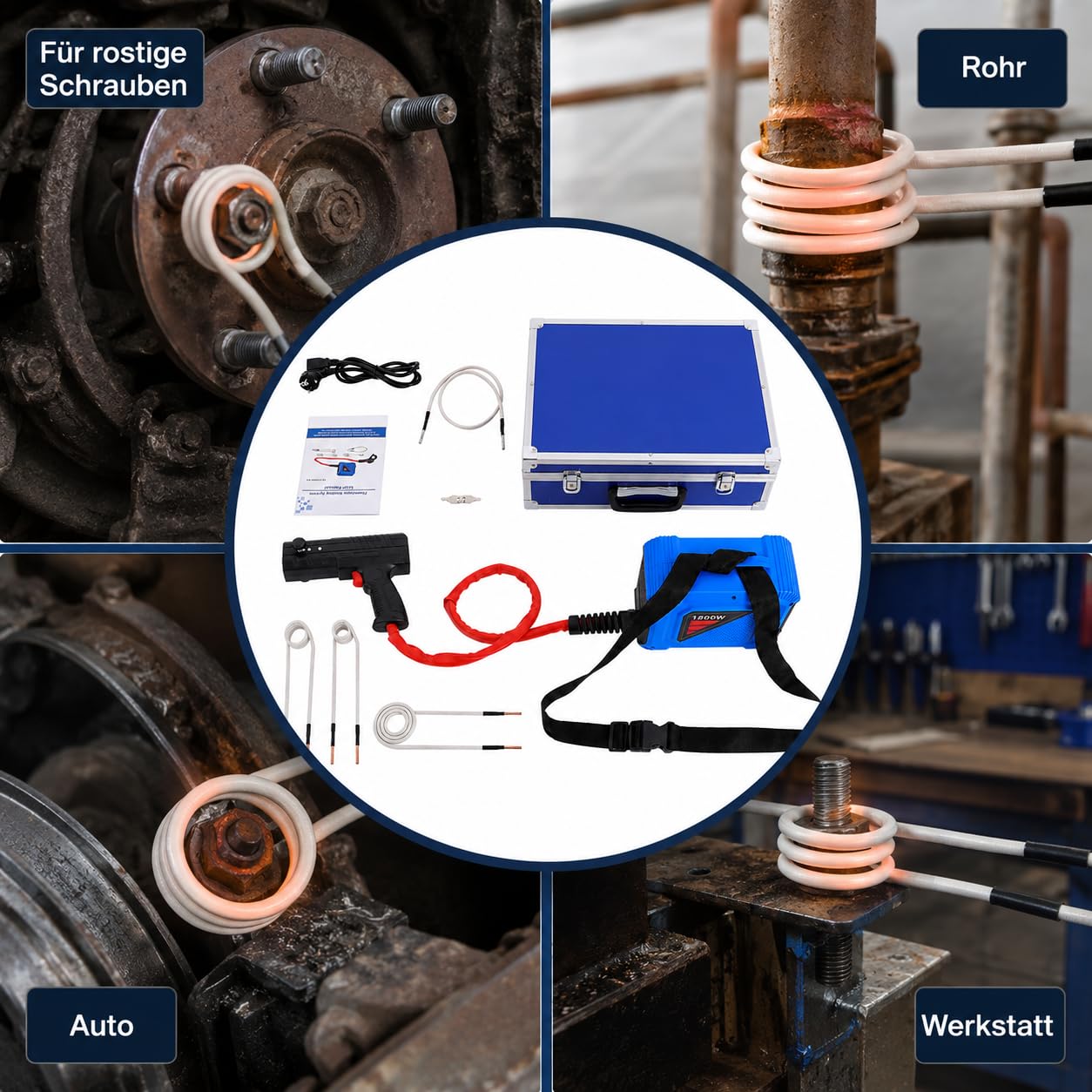 Riscaldatore a induzione da 1,8 kW, riscaldatore a induzione per auto con 4 bobine riscaldanti per officina e garage, blu e nero, guidato a mano, rame per viti e dadi arrugginiti