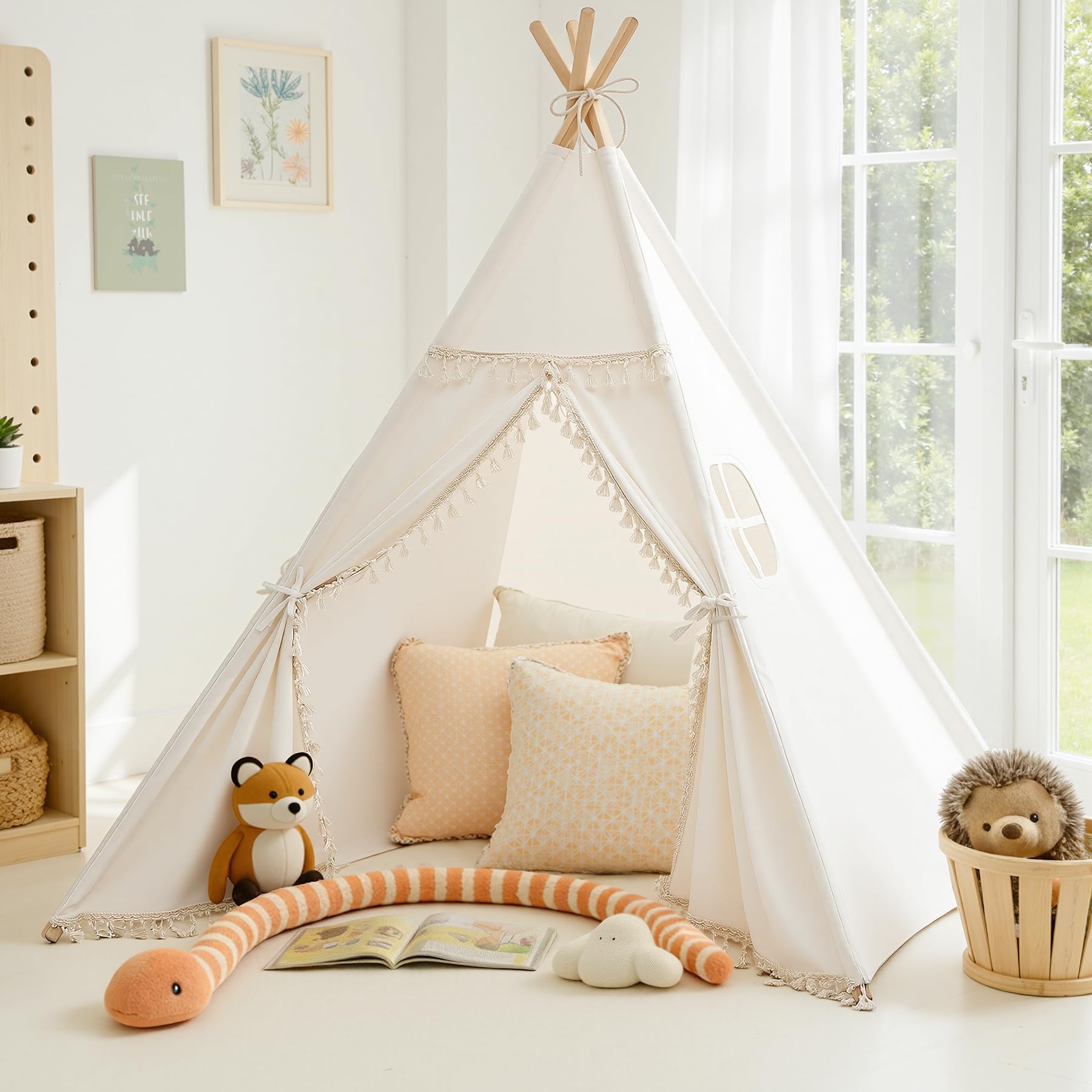Sumbababy Kids Teepee Tent - Natural Canvas Playhouse with Fringe, Washable Fabric, Tipi Sleepover Tent, Includes Carry Bag, Lights & Colorful Flags - Perfect for Indoor & Outdoor Fun