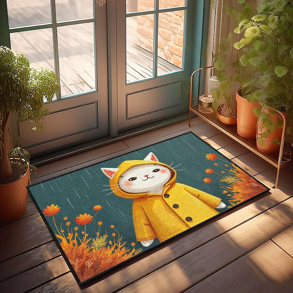 Paillasson extérieur chat mignon et fleurs tapis entrée imperméable original 50x80 cm