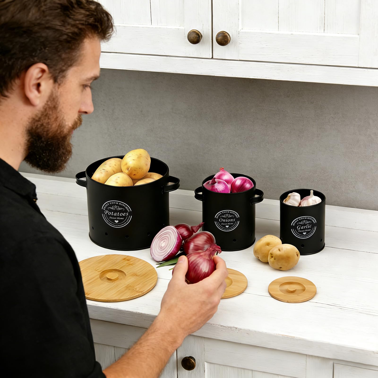 3er Set Aufbewahrung Kartoffeln Zwiebeln Knoblauch Kartoffel Aufbewahrungsbox mit Frischebelüftung Zwiebel Aufbewahrungbox mit Deckel & Griff Aufbewahrung Küche aus Kohlenstoffstahl，A，A