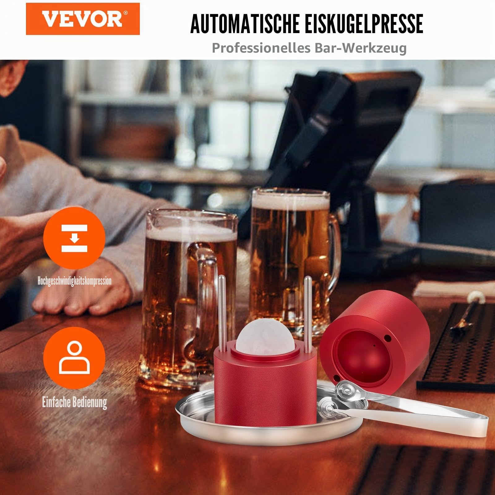 VEVOR Ice Ball Maker Eiskugelpresse Satz 60 mm, Eiswürfelform Eiskugelform mit Eiszange & Tropfschale, Alu Rote Strapazierfähige Eiswürfelformen Eiswürfelbehälter Whisky Americano, Saft & Milch