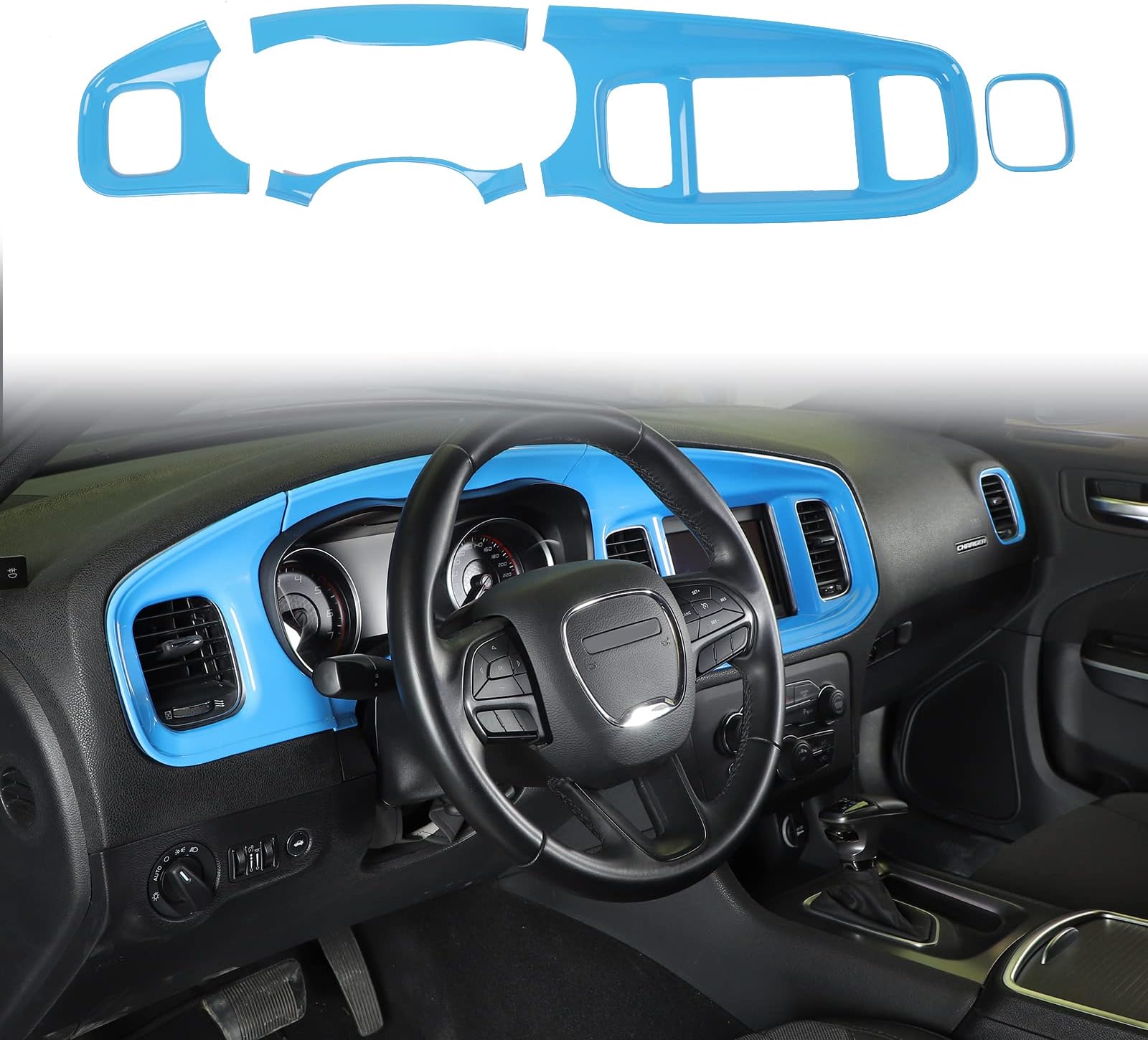JWWY 充電器センターコンソール ダッシュボードトリム 2015-2019 ダッジチャージャー用 ABS ライトブルー 5個