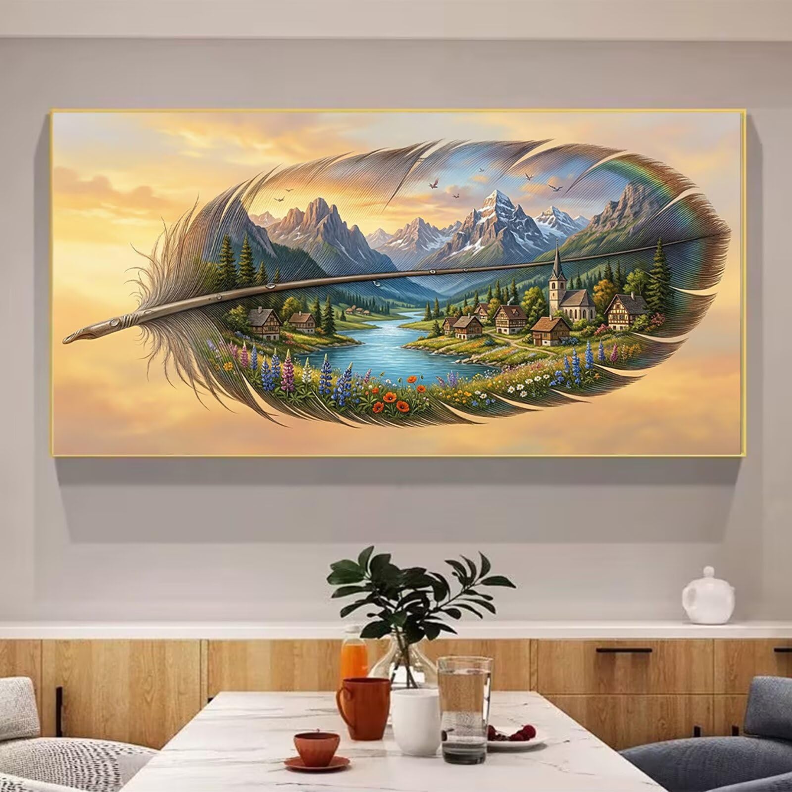 Diamond Painting Feder Diamond Painting Erwachsene Groß XXL Landschaft, 5D Full Eckige Steine Drill Diamanten Malen Nach Zahlen, DIY Set Kreativ Set für Erwachsene Home Decor Wanddeko 60x120cm,Cod-838