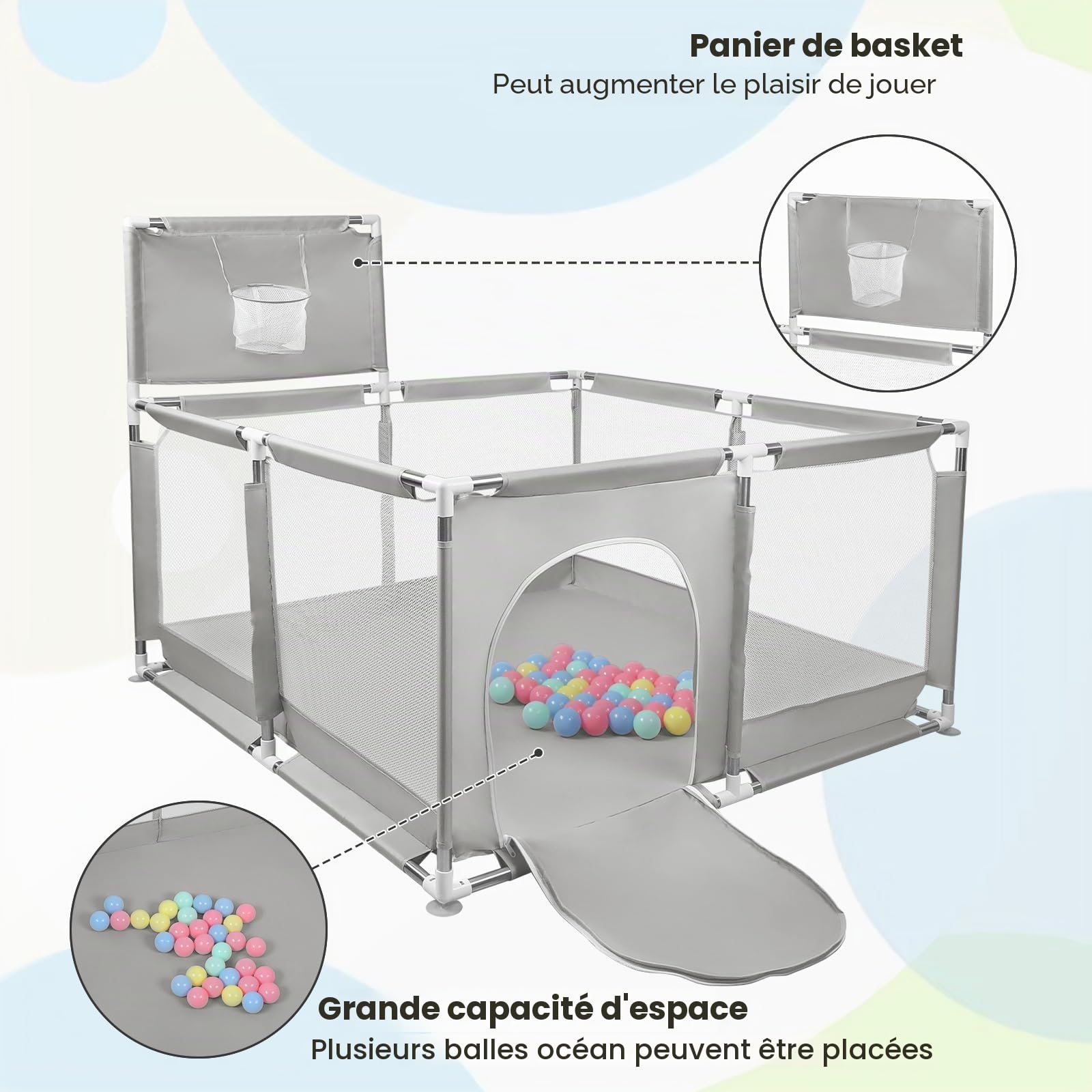 Parc Bébé,grand parc pour enfant en bas âge, d'Activité pour Enfants avec Balle, modulable, pliable, Avec Porte Zippée,Basketball Rack,Avec 4 Ventouses, 126 * 126 * 66cm-Gris clair