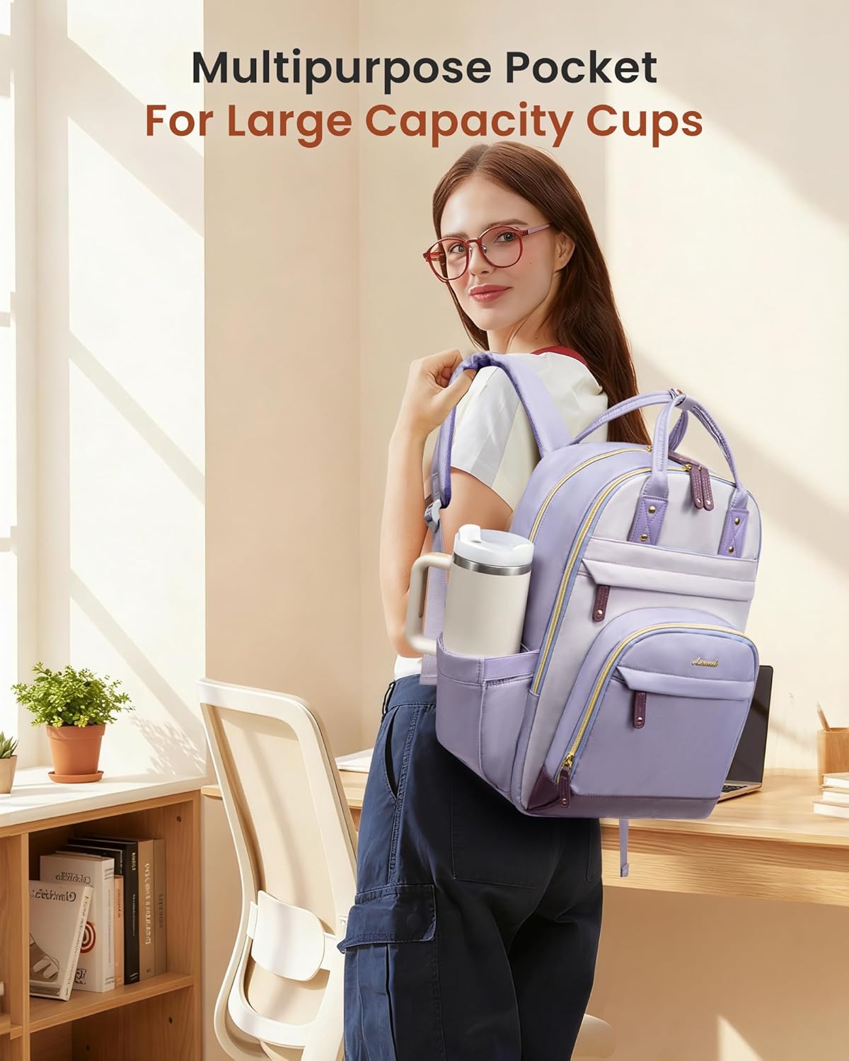 LOVEVOOK Laptop Backpack for Women with Giant Tumbler Holder,17 inch School College Book Bag Nurse Teacher Backpack,Work Travel Backpack Purse Laptop Computer Bag, Taro purple-Light purple-Purple - Image 2