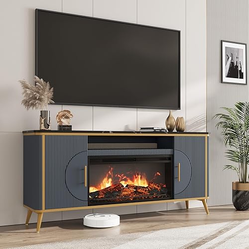 Soporte para TV con Chimenea Acanalada para TVs de hasta 80", Centro de Entretenimiento Moderno con Chimenea Eléctrica de 30", Consola Multimedia de