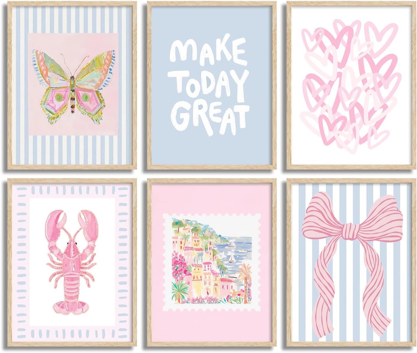 6Pcs Unframed Pink Blue Beach Wall Art Trendy Coastal Granddaughter Wall Decor Picture Summer Preppy Lobster Bow Canvas Posters Prints for Girls Apartment Dorm Home Decorations