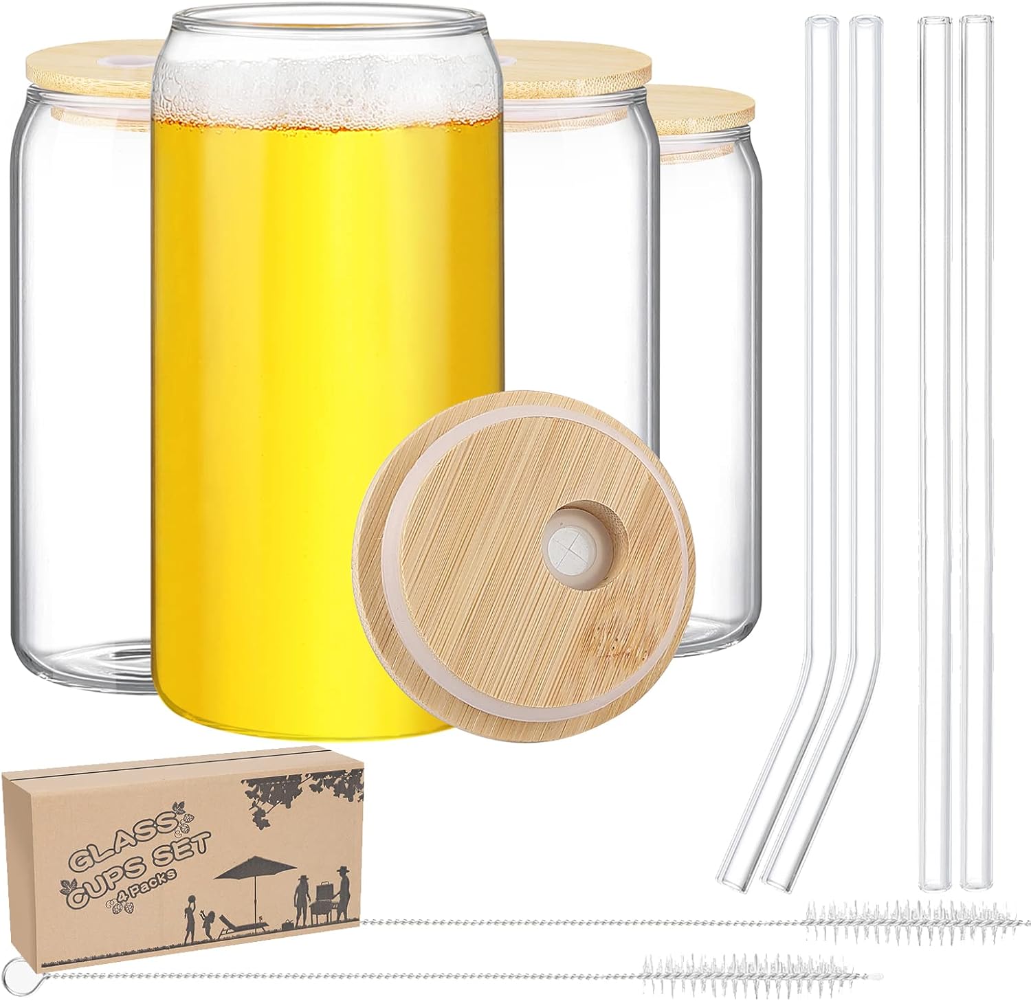 Drinking Glasses Beer Can Glass Cups 16 oz Cute Cups with Bamboo Lids and Straws Can Shaped Glass Cups for Tea Ice Soda Iced Coffee Cup Birthday Gifts for Men 4 Pcs Glass Cups Set