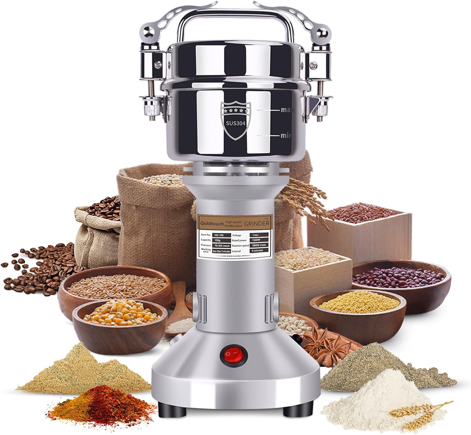 Goldtouch 150g Grain Mill Grinder 1500W Electric Stainless Steel Grain Grinder High-Speed Pulverizer Powder Machine for Dry Wheat, Oats, Corn, Pepper and Coffee Beans (150g Stand Type) Goldtouch 150g Grain Mill Grinder 1500W Electric Stainless Steel Grain Grinder High-Speed Pulverizer Powder Machine for Dry Wheat, Oats, Corn, Pepper and Coffee Beans (150g Stand Type)