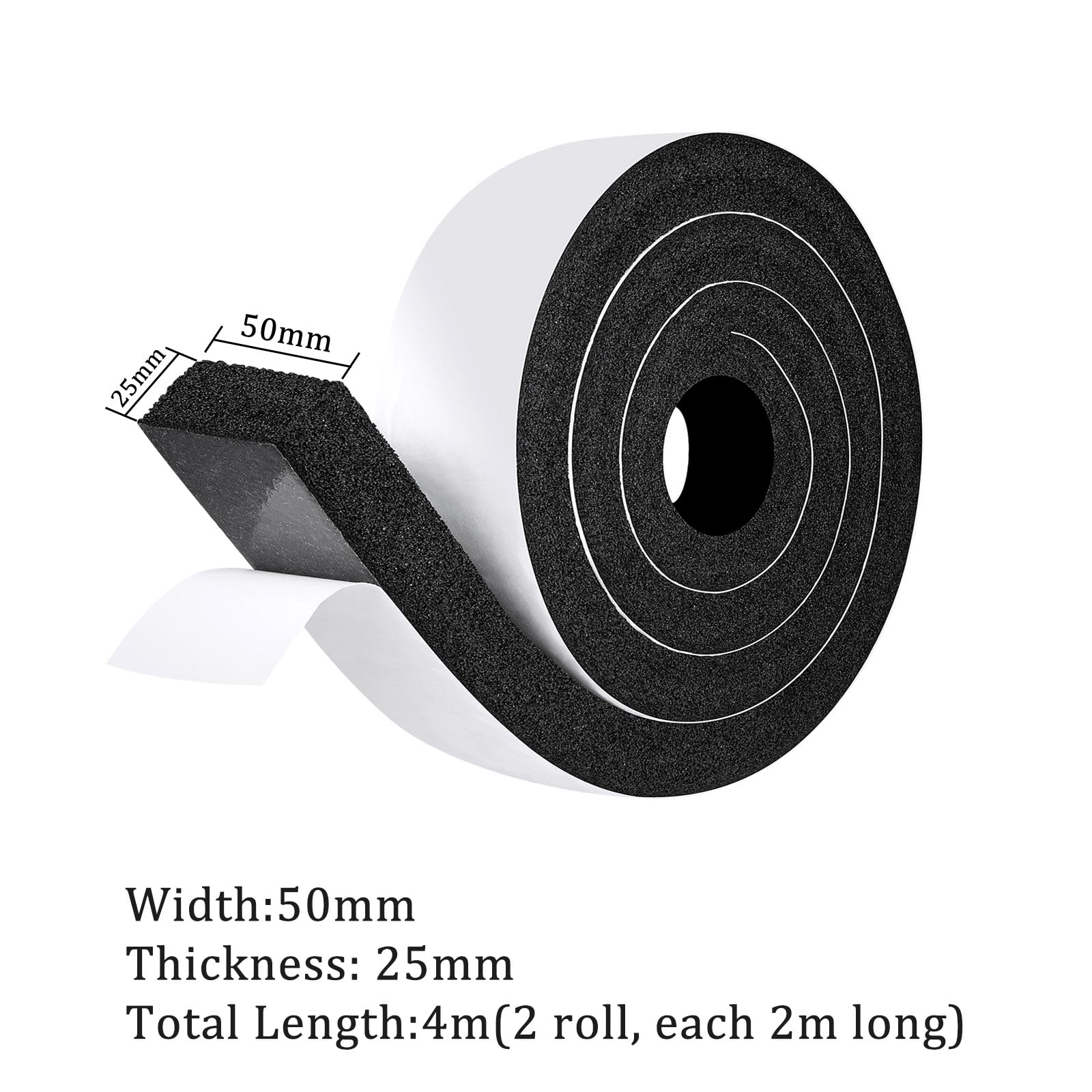 fowong Open Cell Soft Foam Tape, 50mm Width x 25mm Thickness x 2m Length (2 Strips),Black Insulation Foam - Image 2