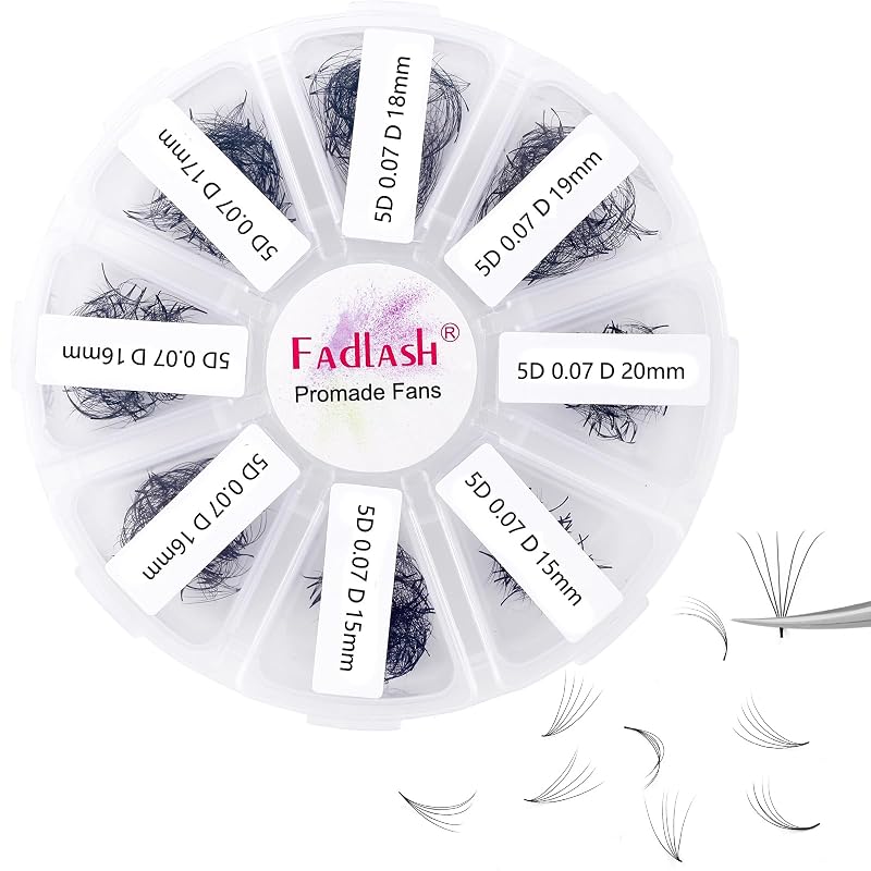 Extensões de cílios FADLASH com leques pré-montados D Curl 5D-0.07D, base pontiaguda, 15–20 mm, Pacote com 1000 unidades