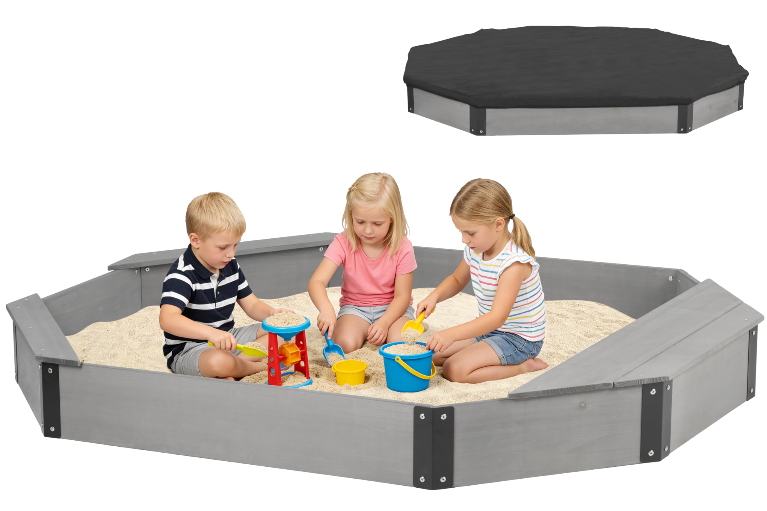 76''x53''x9'' Wooden Octagon Sandbox with Storage, Large Sandpit with Cover for Kids Outdoor Patio Backyard Play, Easy & Quick Assemble