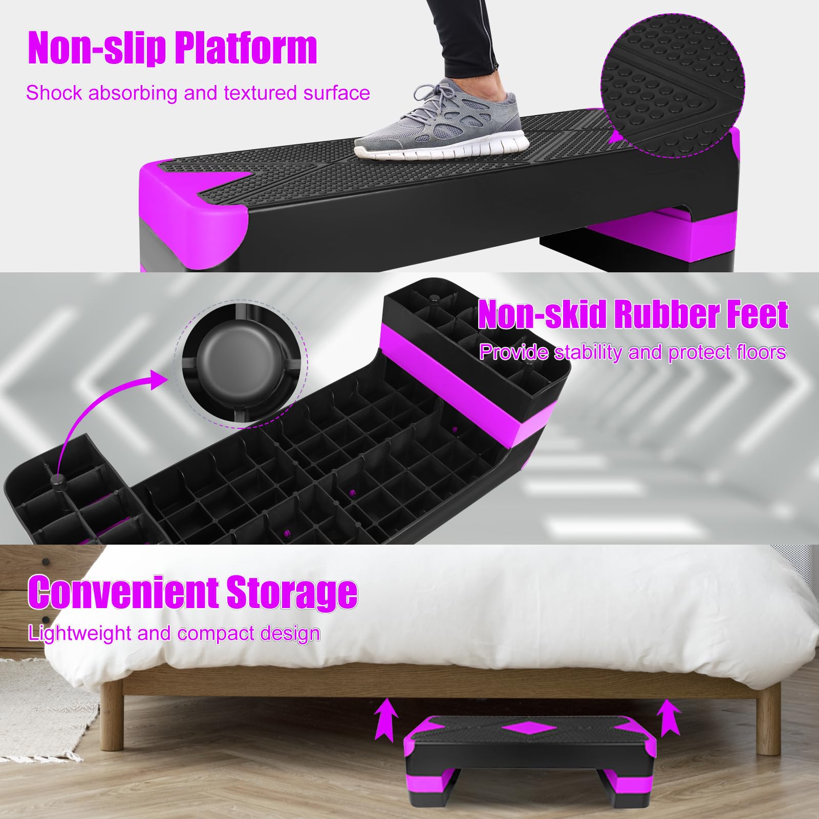 Fitness-Trittbrett, Aerobic-Stepper, 27-Zoll-Trittplatte, verstellbare Höhe (10 CM / 4 Zoll, 15 CM / 6 Zoll, 20CM / 8 Zoll), praktisch zu verstauen, Violett (LILA)