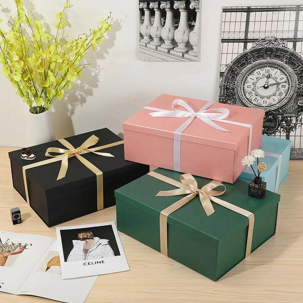 Grande boîte cadeau verte avec couvercle 42 x 32 x 15,5 cm, boîtes cadeaux premium avec couvercle et ruban pour cadeaux de Saint-Valentin, Noël Comprend du papier de soie déchiqueté Cartes