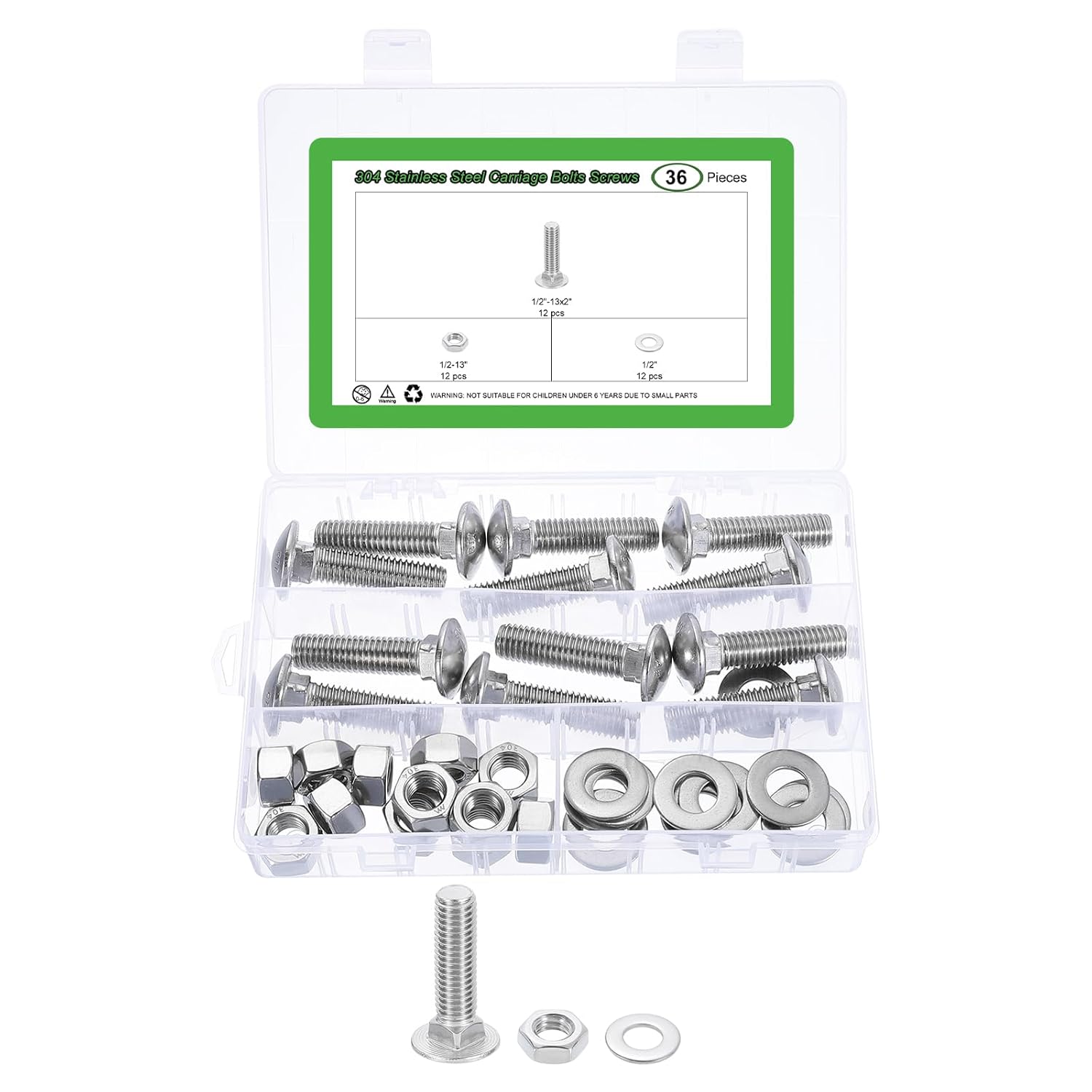 uxcell 12 Set Carriage Bolts and Nuts Kit, 1/2"-13x1-1/2 Stainless Steel 304 Round Head Square Neck Carriage Bolts Screws and Hex Nuts and Flat Washers - Silver
