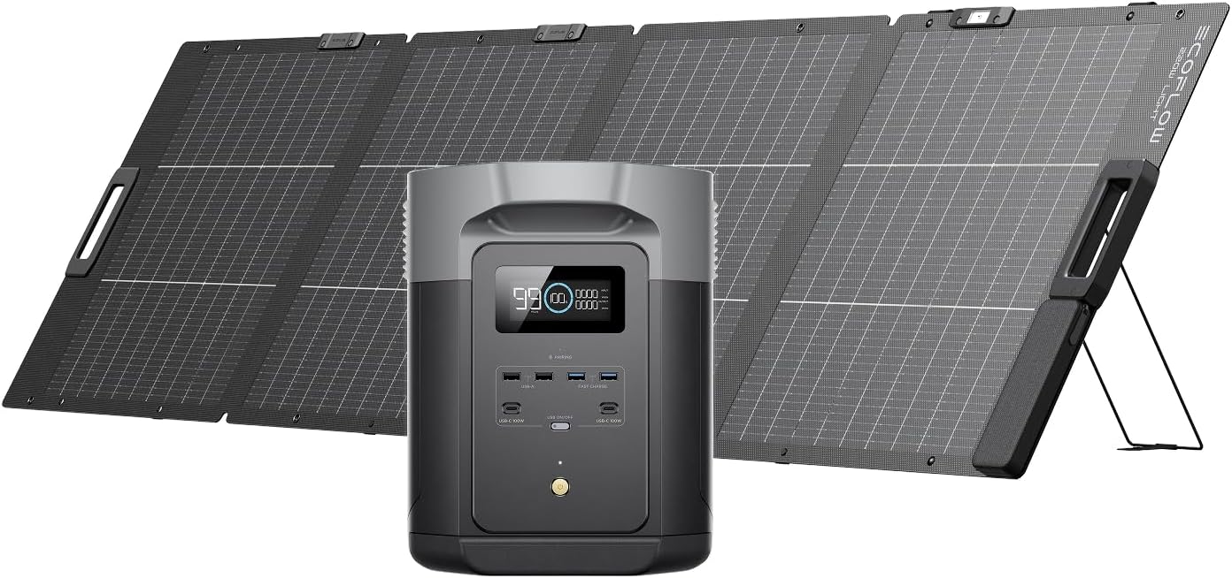 ECOFLOW DELTA 2 Max Solar Generator, 2048Wh Capacity LFP Battery Portable Power Station & 220W Solar Panel, Up to 3000W AC Output, Fast Charging 0-80% in 53 mins For Outdoor, Camping, RV, Backup
