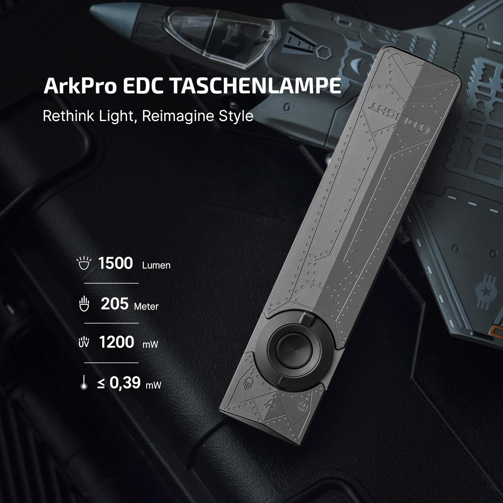 OLIGHT ArkPro Latarka z promieniowaniem UV i światłem zielonym, 1500 lumenów, zasięg 205 m, latarka z skupionym i czystym światłem rozproszonym do użytku na zewnątrz, wodoodporna IPX7, Fantom