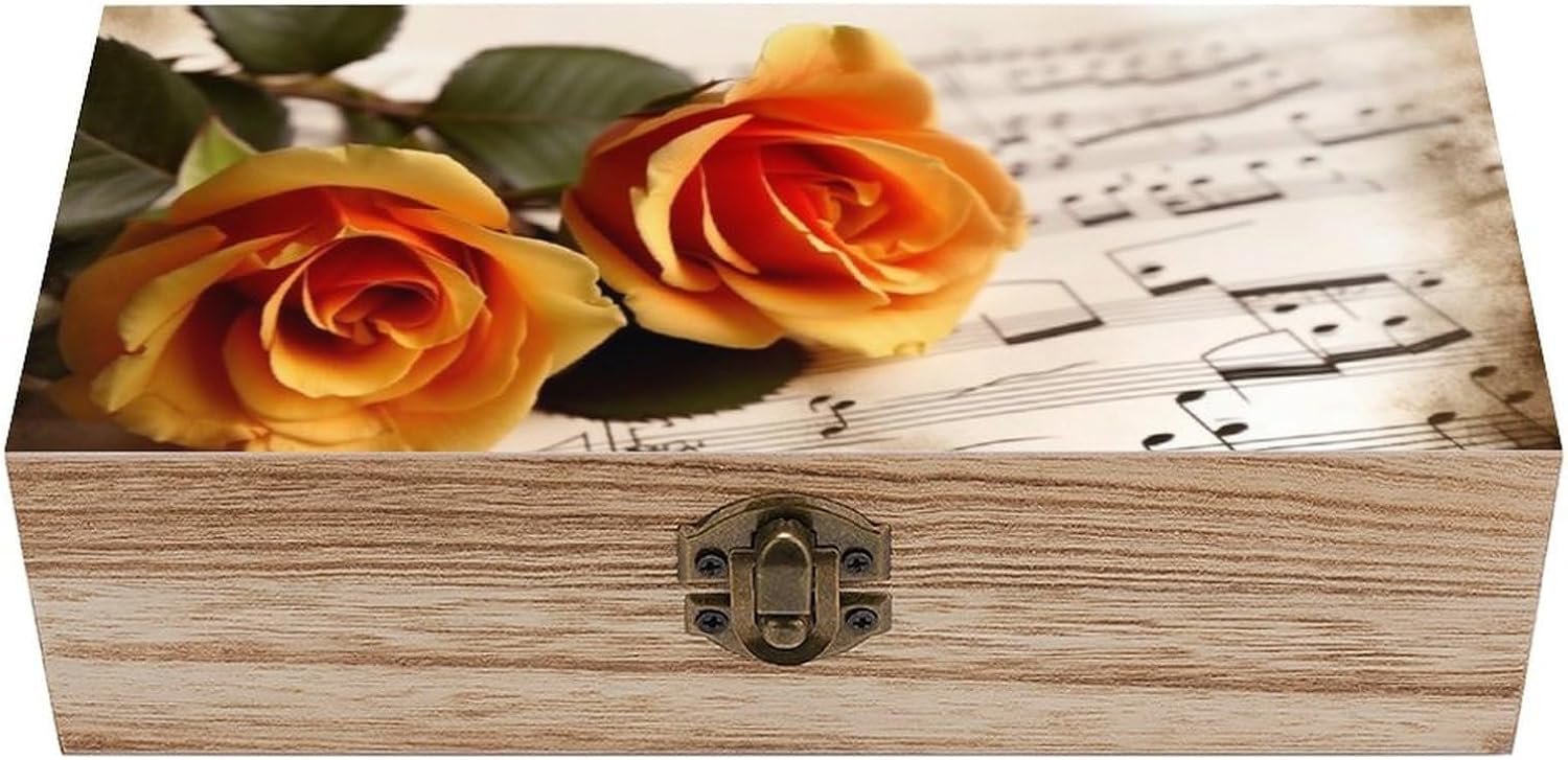 Wooden Storage Box Music Roses Romantic Wood Gift Box with Hinged Lid Jewelry Memory Case